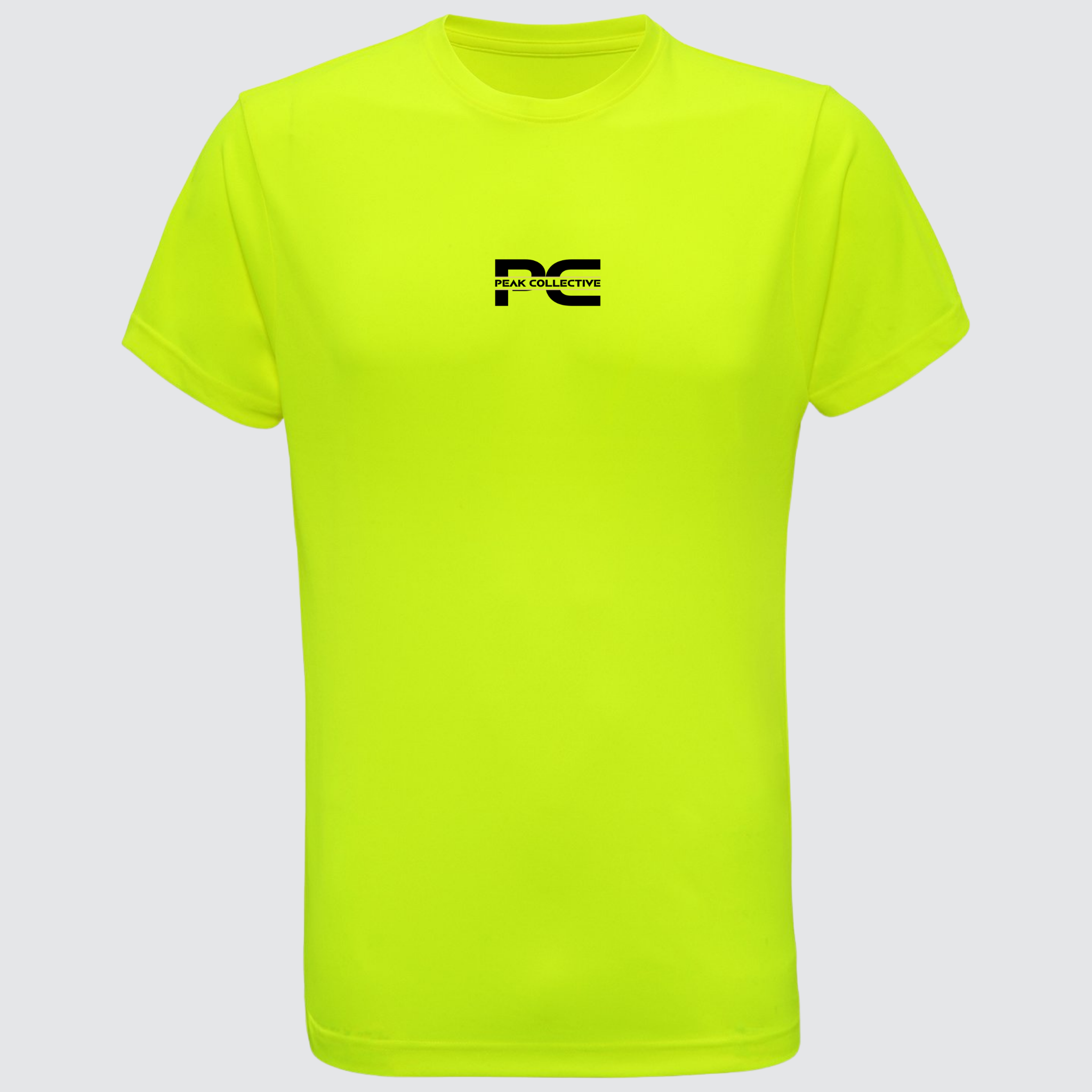 Men’s AeroTee short sleeve performance t-shirt in neon with chest logo, displayed on a light grey background, designed for running, training, and active workouts.