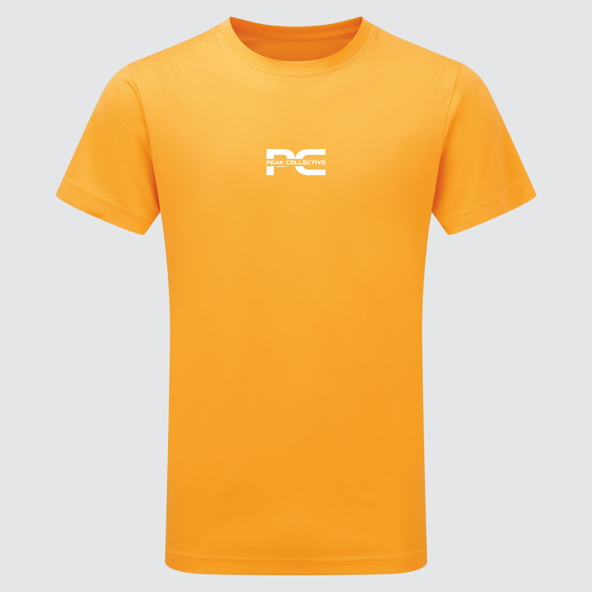 Men’s AeroTee short sleeve performance t-shirt in orange with chest logo, displayed on a light grey background, designed for running, training, and active workouts.
