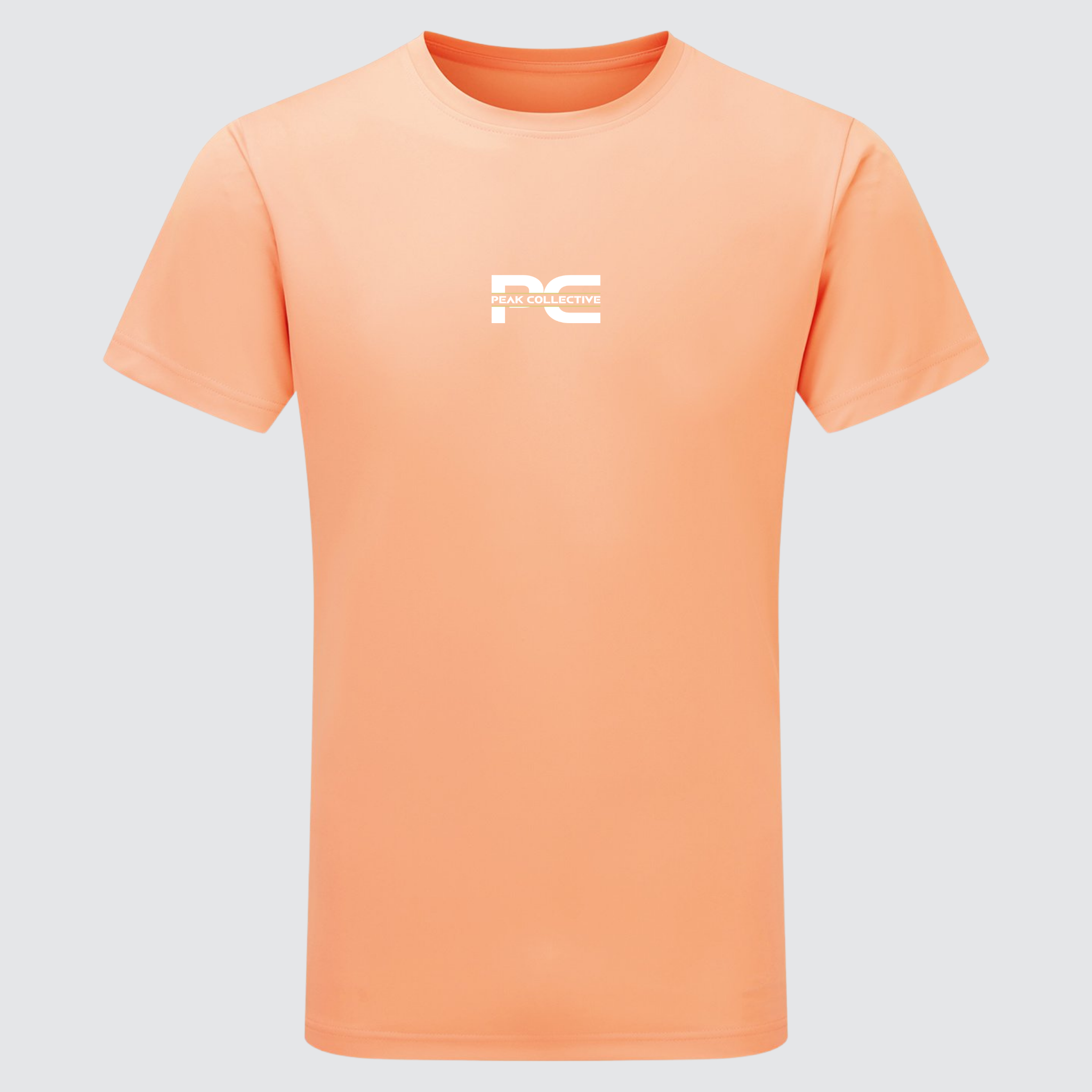 Men’s AeroTee short sleeve performance t-shirt in peach with chest logo, displayed on a light grey background, designed for running, training, and active workouts.