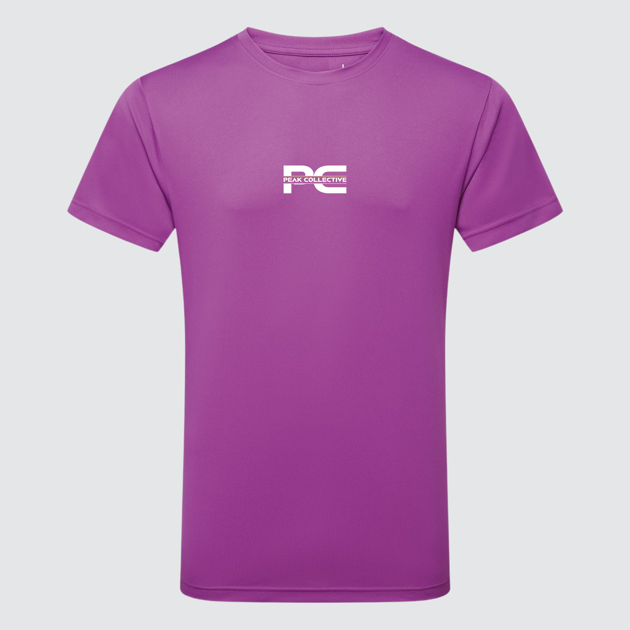 Men’s AeroTee short sleeve performance t-shirt in purple with chest logo, displayed on a light grey background, designed for running, training, and active workouts.