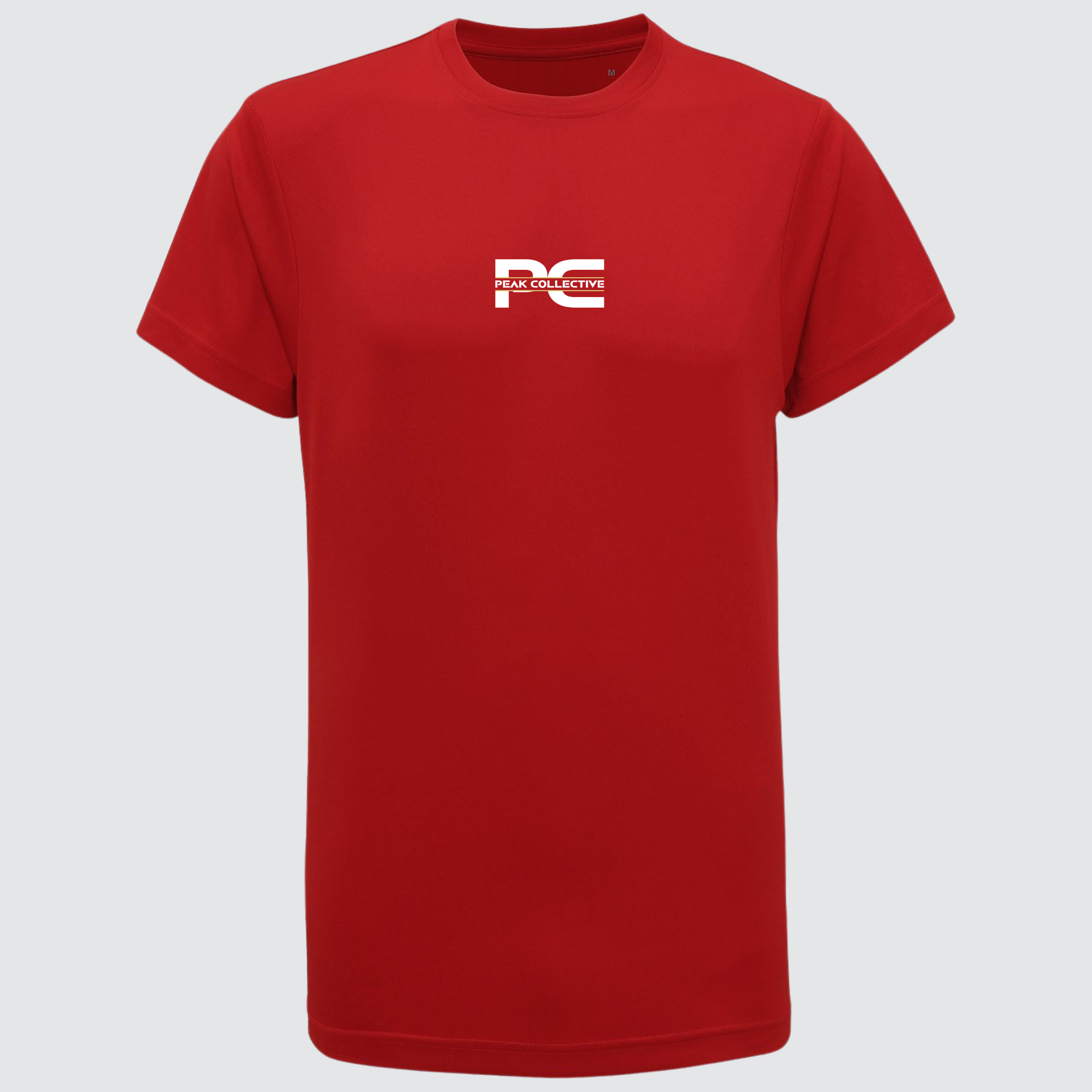 Men’s AeroTee short sleeve performance t-shirt in red with chest logo, displayed on a light grey background, designed for running, training, and active workouts.