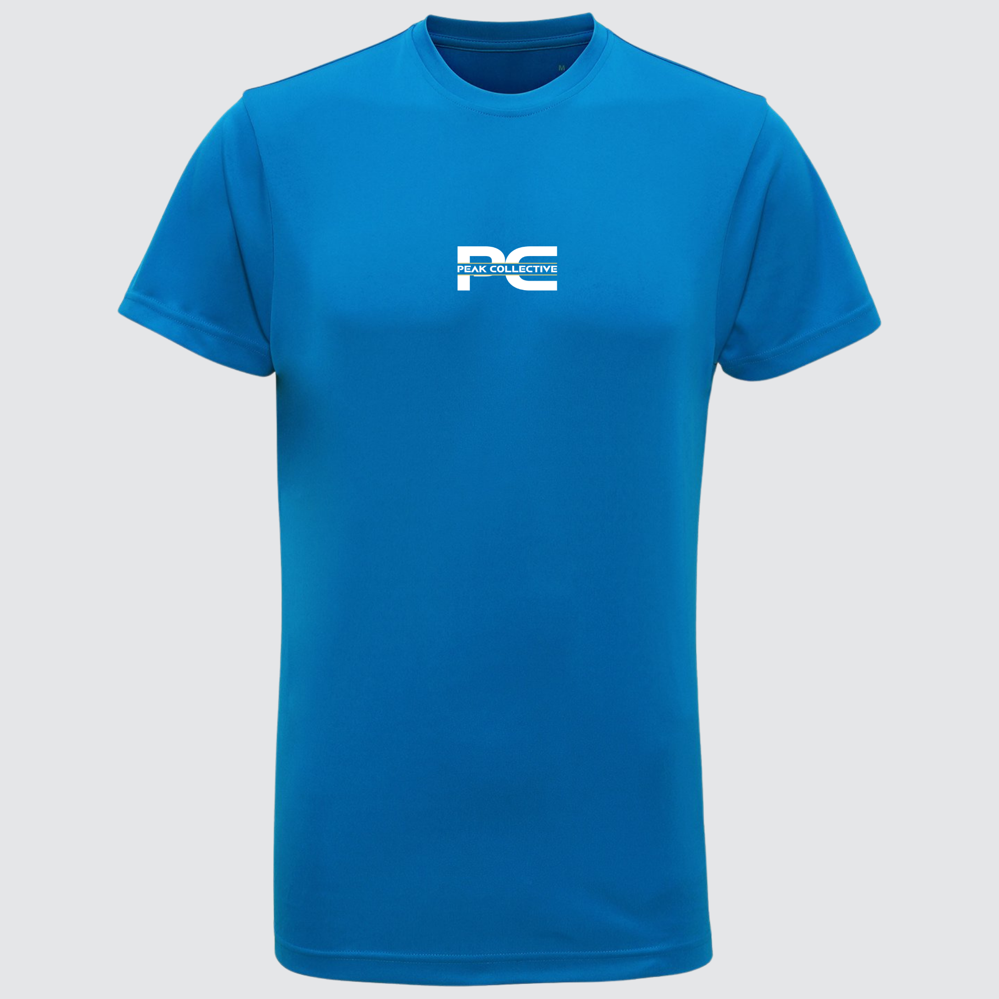 Men’s AeroTee short sleeve performance t-shirt in sapphire blue with chest logo, displayed on a light grey background, designed for running, training, and active workouts.