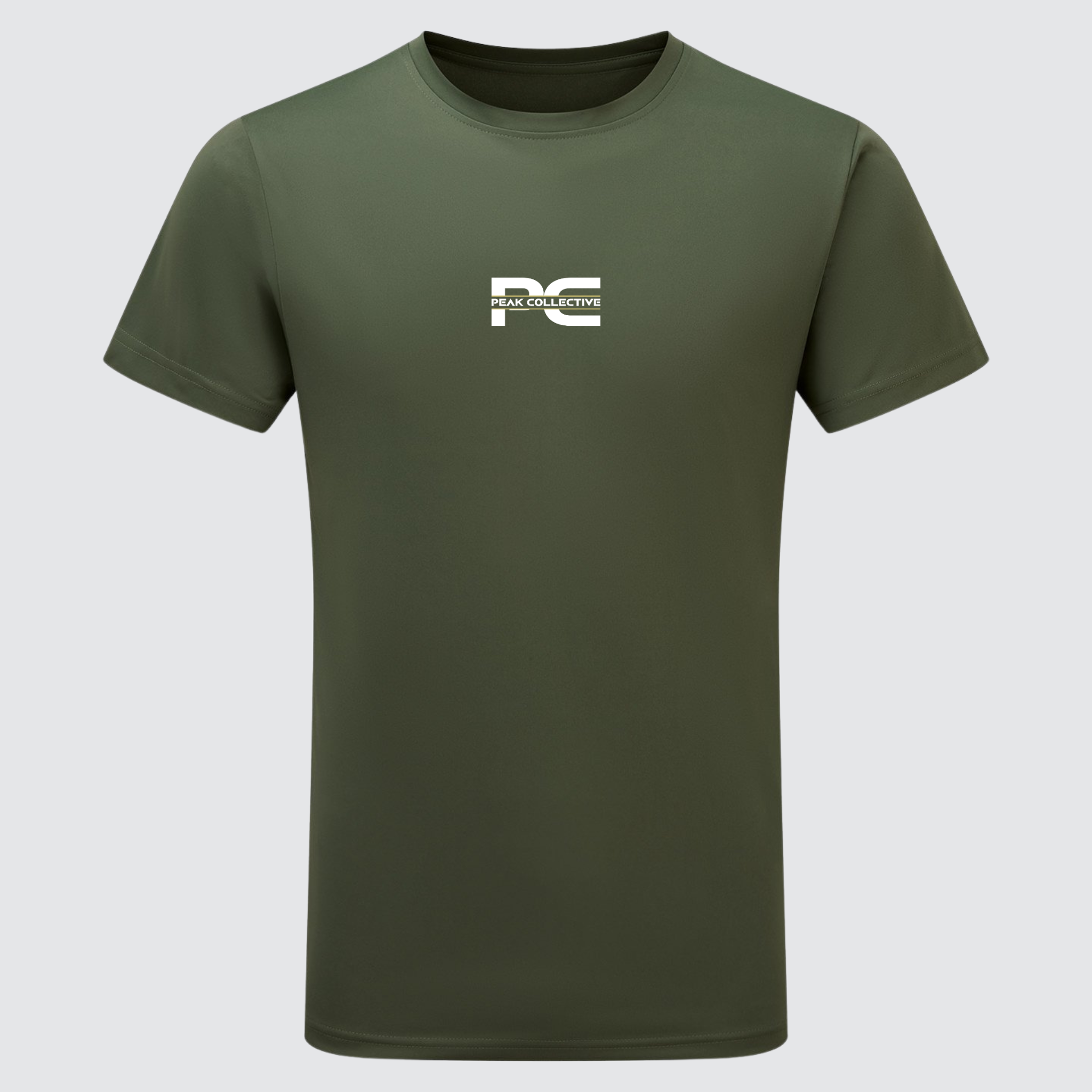 Men’s AeroTee short sleeve performance t-shirt in khaki green with logo, displayed on a light grey background, designed for running, training, and active workouts.