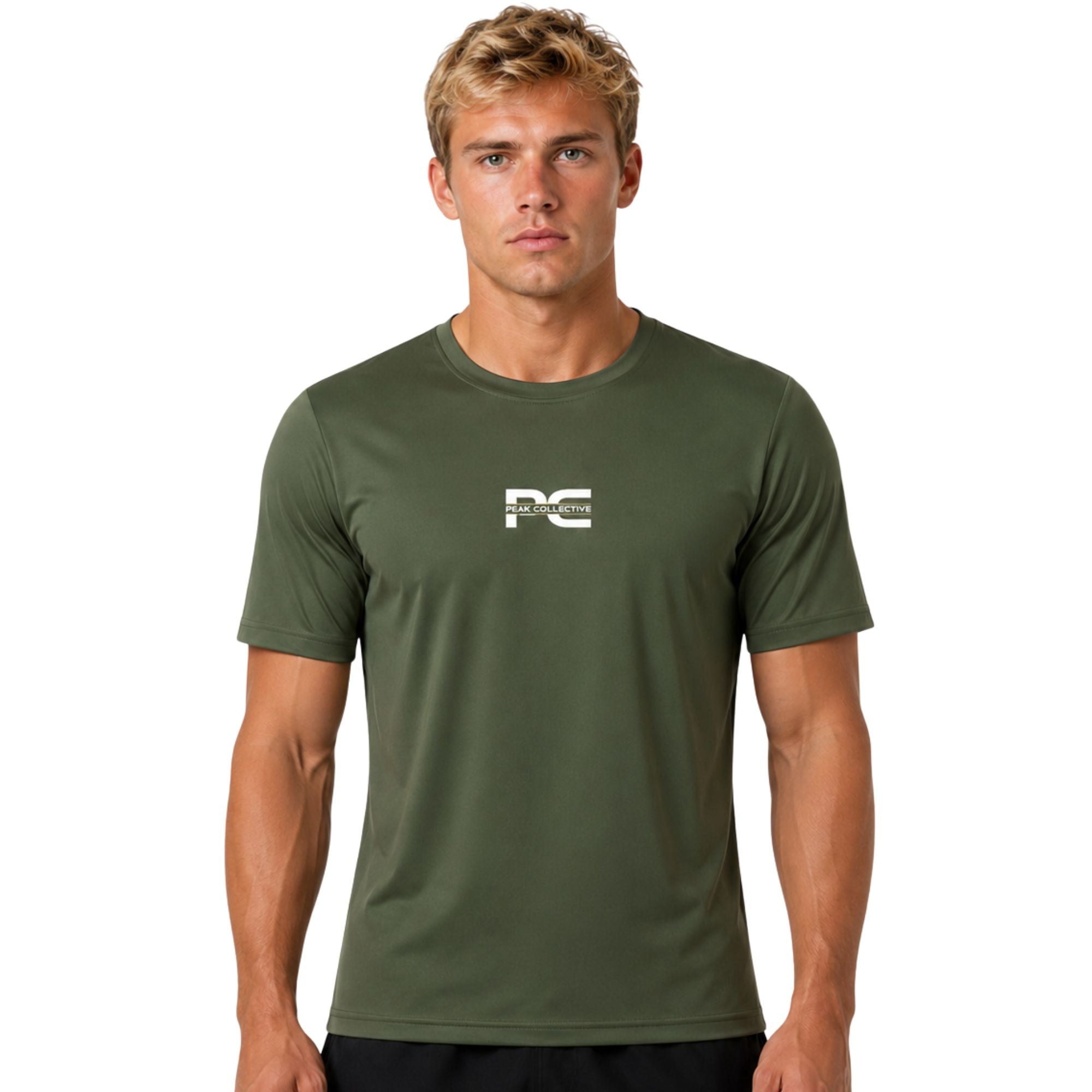 Male model wearing khaki AeroTee Sapphire short-sleeve performance shirt with logo on white background – lightweight men’s running top for gym workouts, training, jogging, and activewear performance