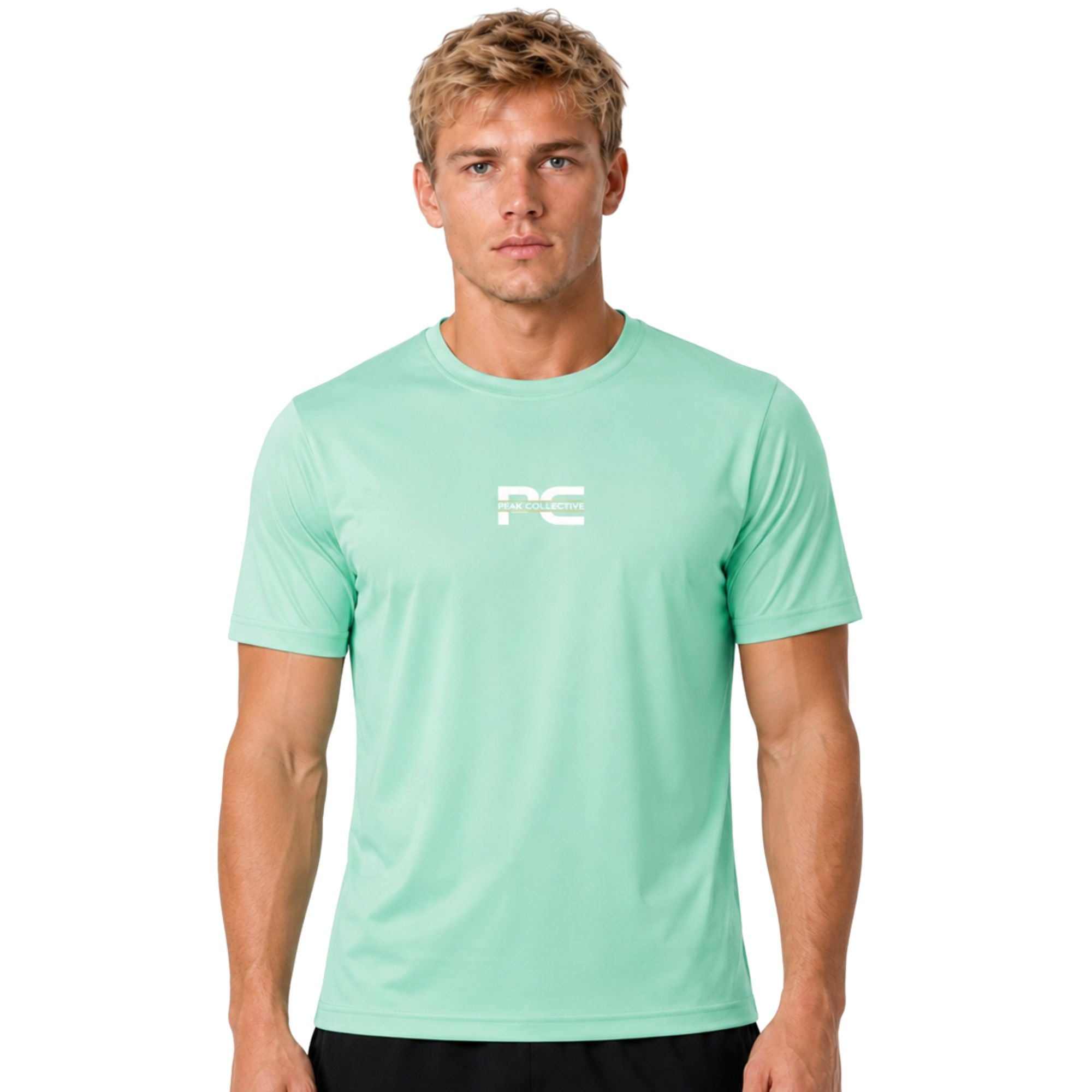 Male model wearing peppermint AeroTee Sapphire short-sleeve performance shirt with logo on white background – lightweight men’s running top for gym workouts, training, jogging, and activewear performance