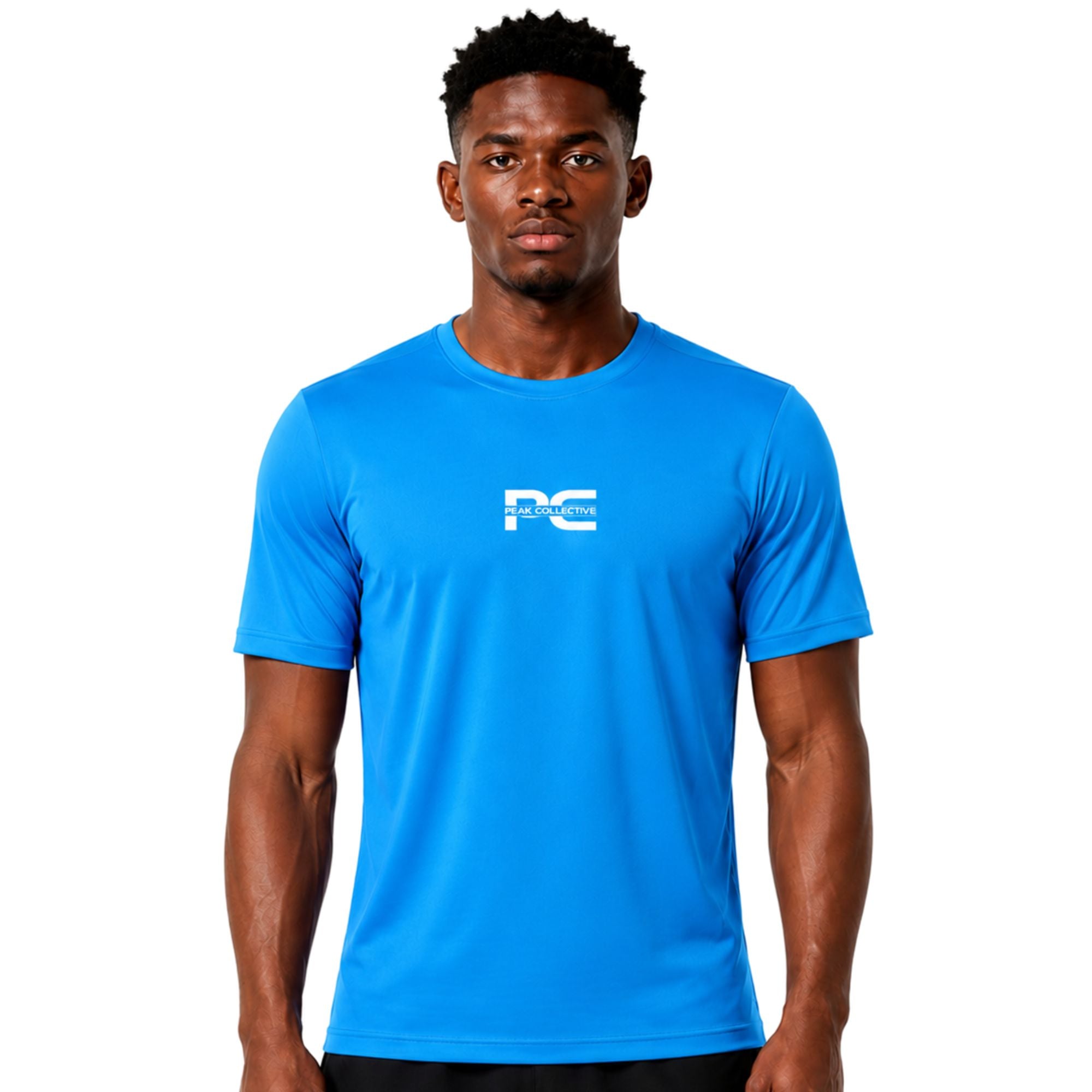 Male model wearing blue AeroTee Sapphire short-sleeve performance shirt with logo on white background – lightweight men’s running top for gym workouts, training, jogging, and activewear performance
