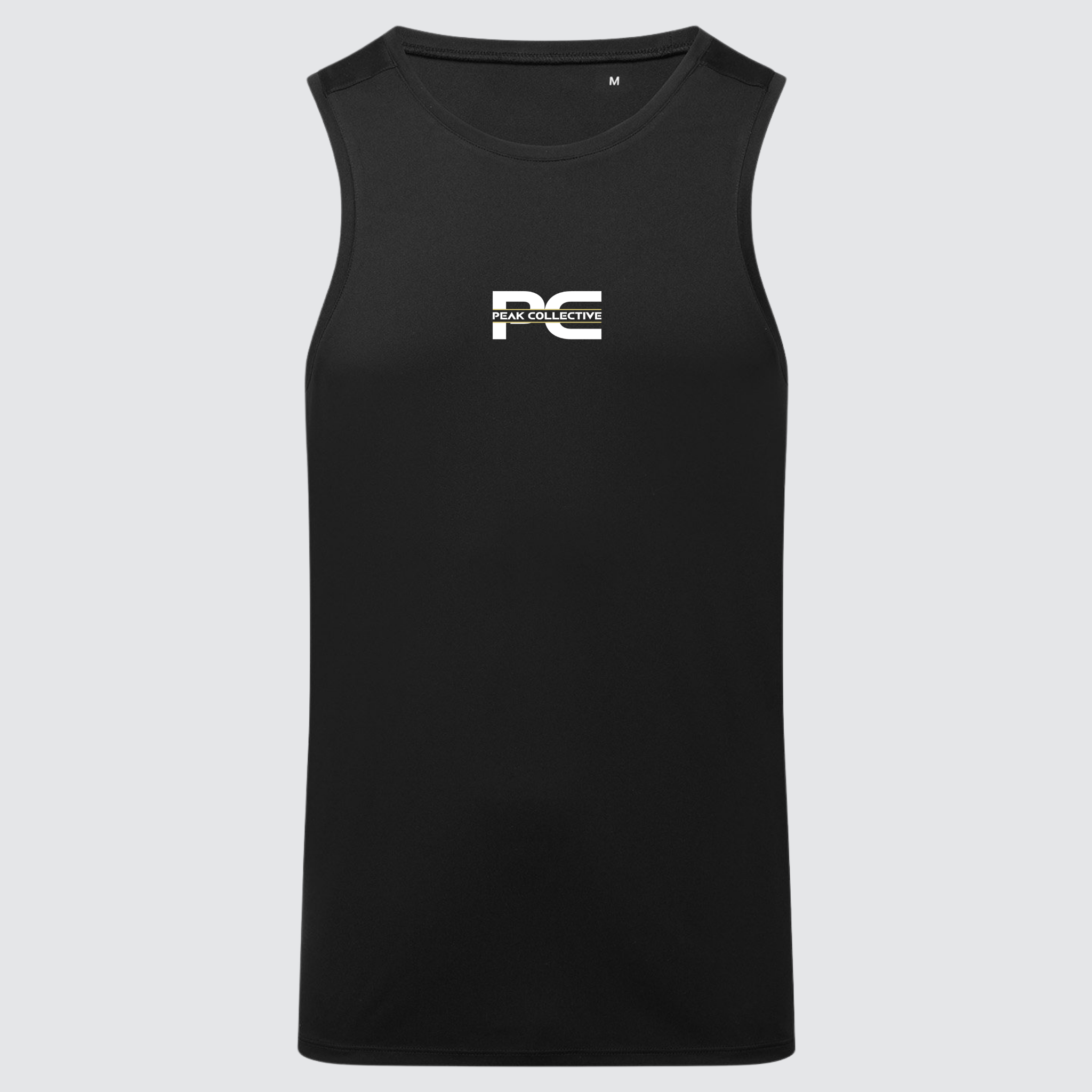 Men’s black AeroVest sleeveless performance vest shirt with logo, displayed on a light grey background, ideal for running, training, and active movement.