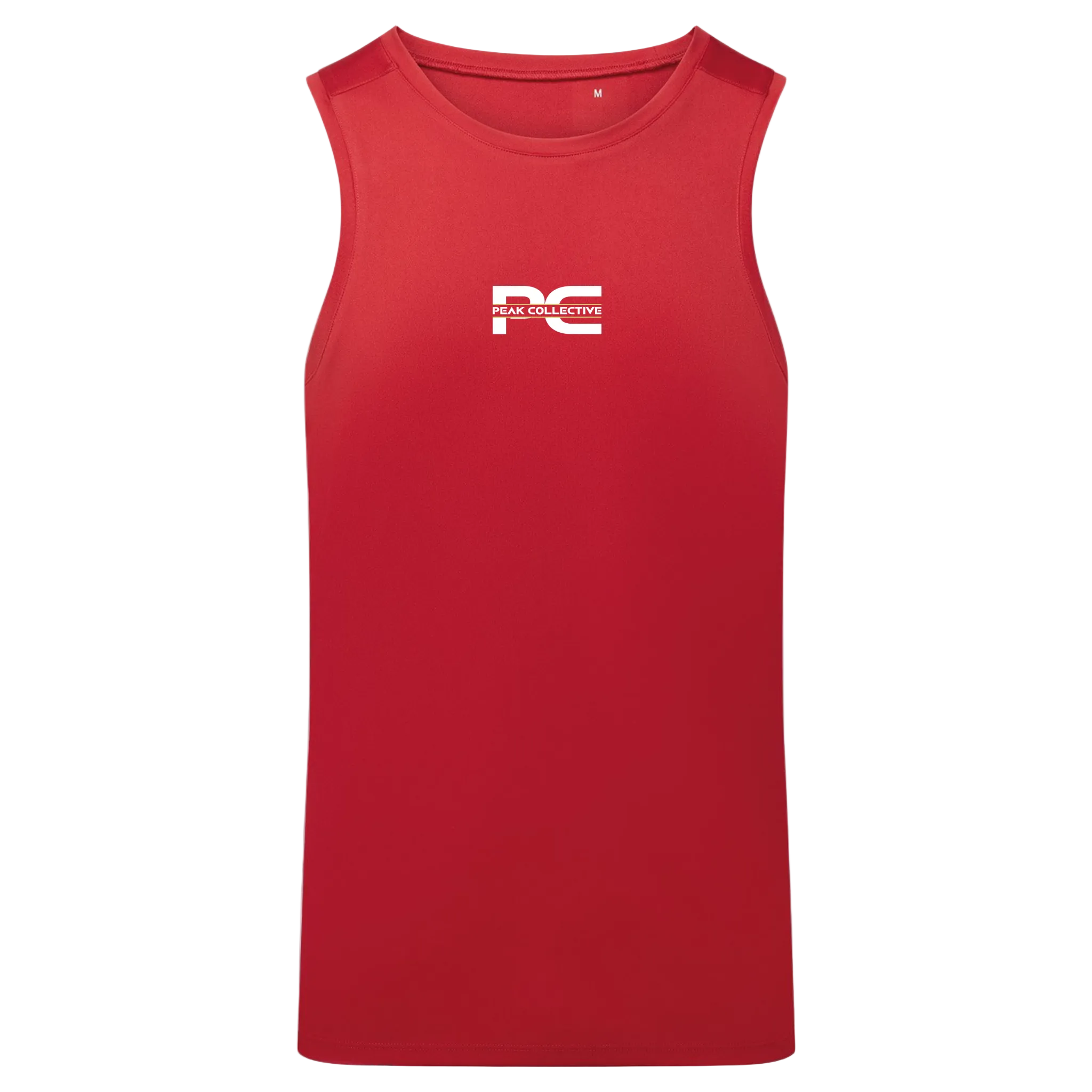 Men’s red AeroVest sleeveless performance vest shirt with logo, displayed on a light grey background, ideal for running, training, and active movement.
