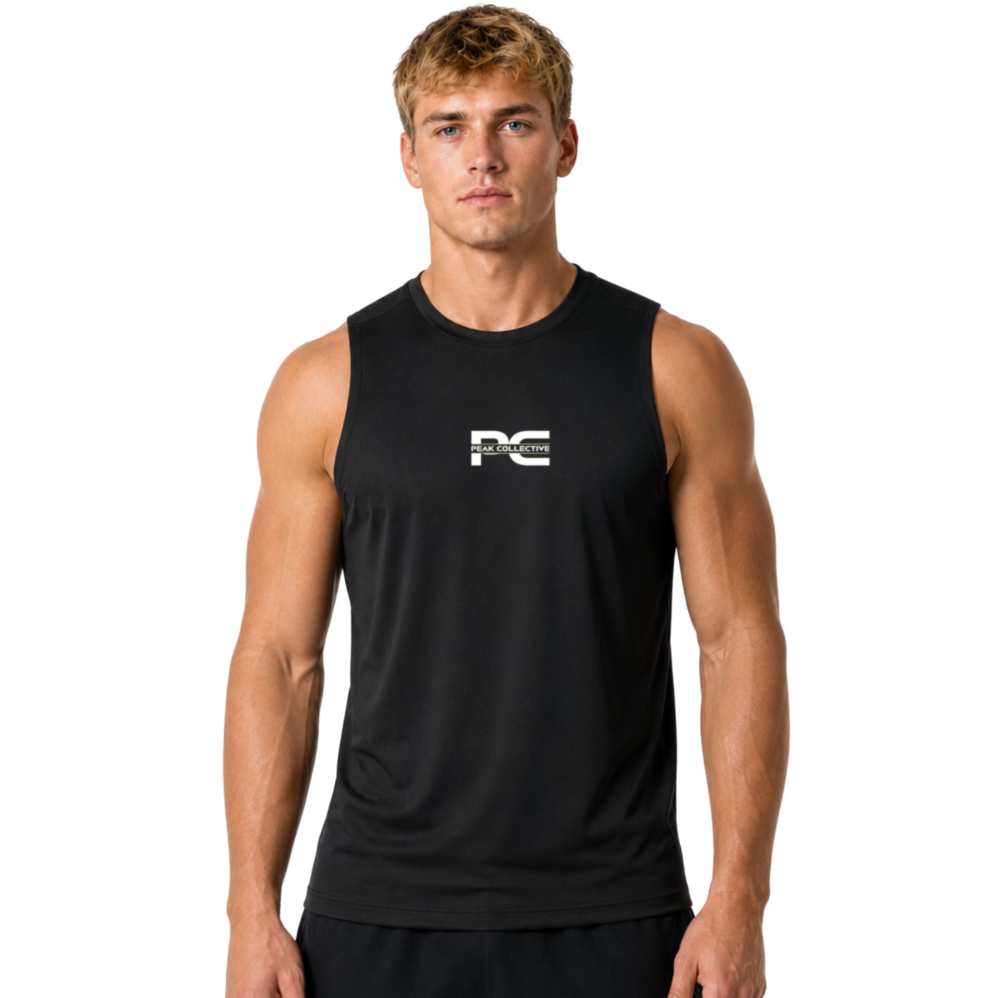 Male model wearing black AeroVest sleeveless performance shirt with logo on white background – lightweight men’s running vest for gym workouts, training, jogging, and activewear performance