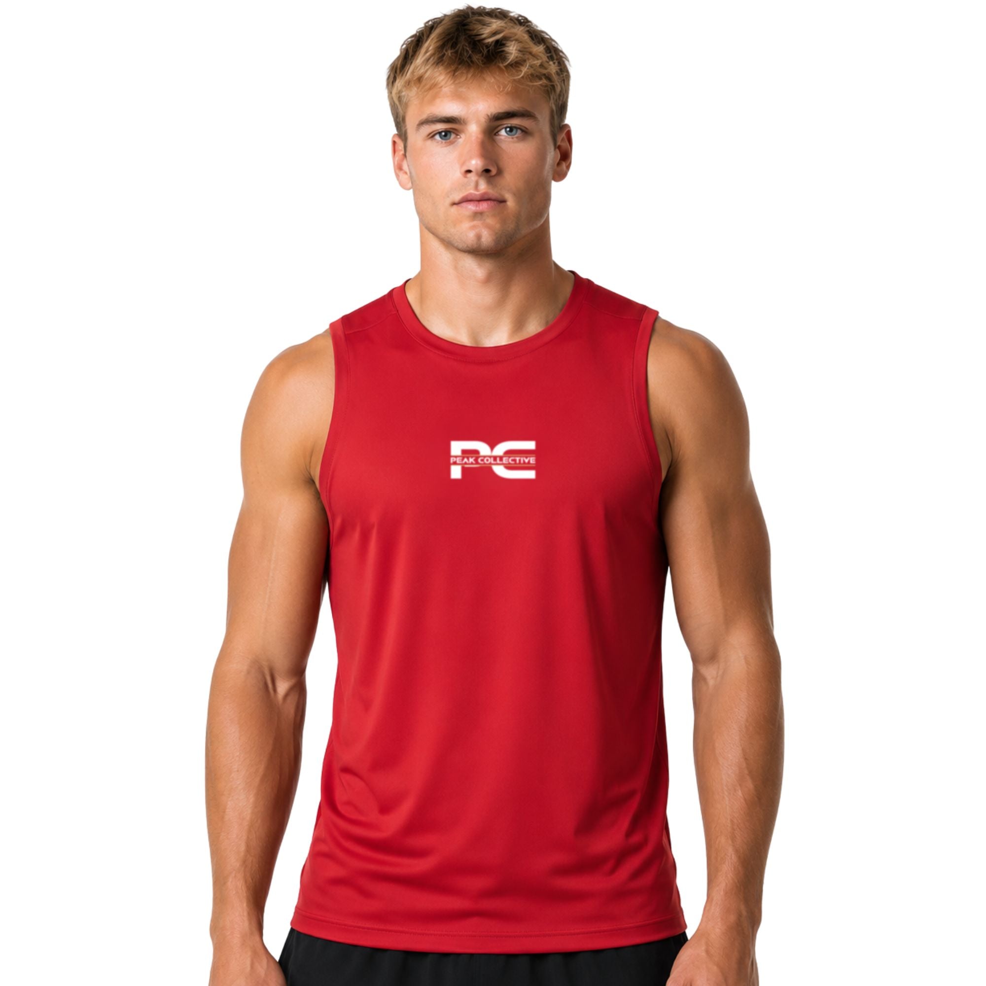 Male model wearing red AeroVest sleeveless performance shirt with logo on white background – lightweight men’s running vest for gym workouts, training, jogging, and activewear performance