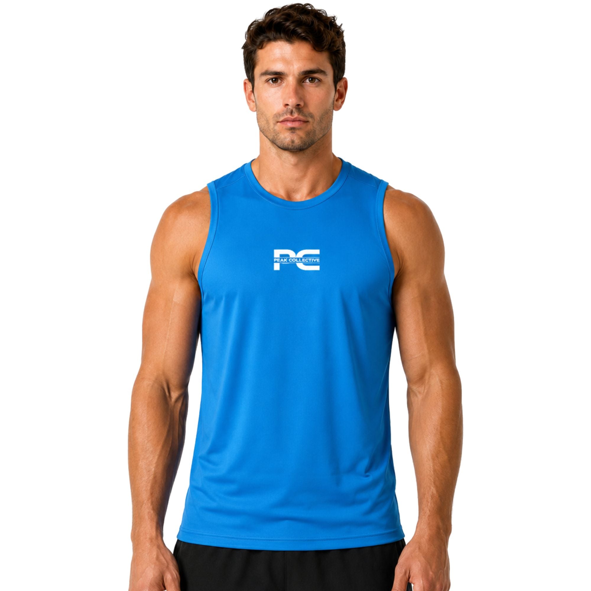 Male model wearing sapphire blue AeroVest sleeveless performance shirt with logo on white background – lightweight men’s running vest for gym workouts, training, jogging, and activewear performance