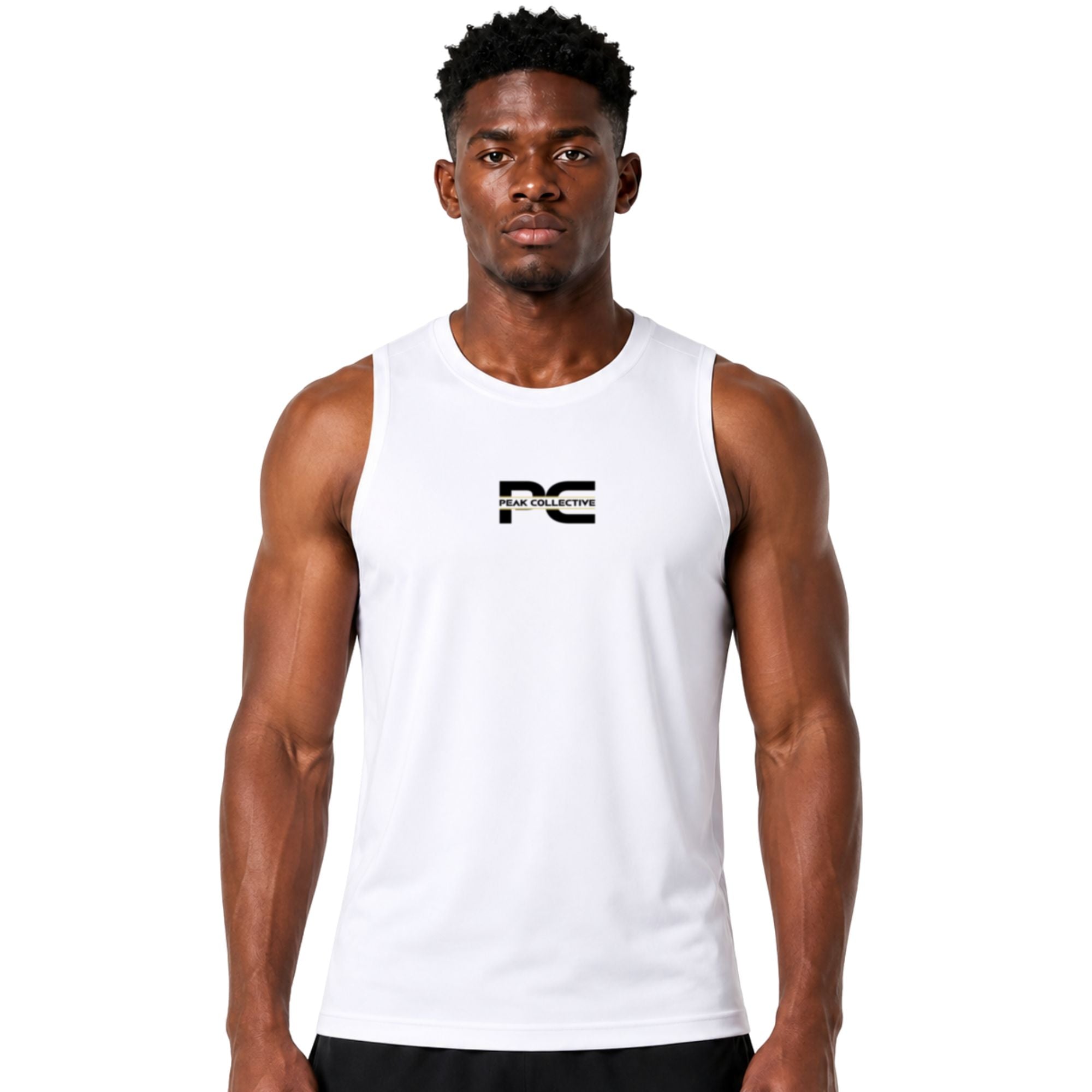 Male model wearing white AeroVest sleeveless performance shirt with logo on white background – lightweight men’s running vest for gym workouts, training, jogging, and activewear performance