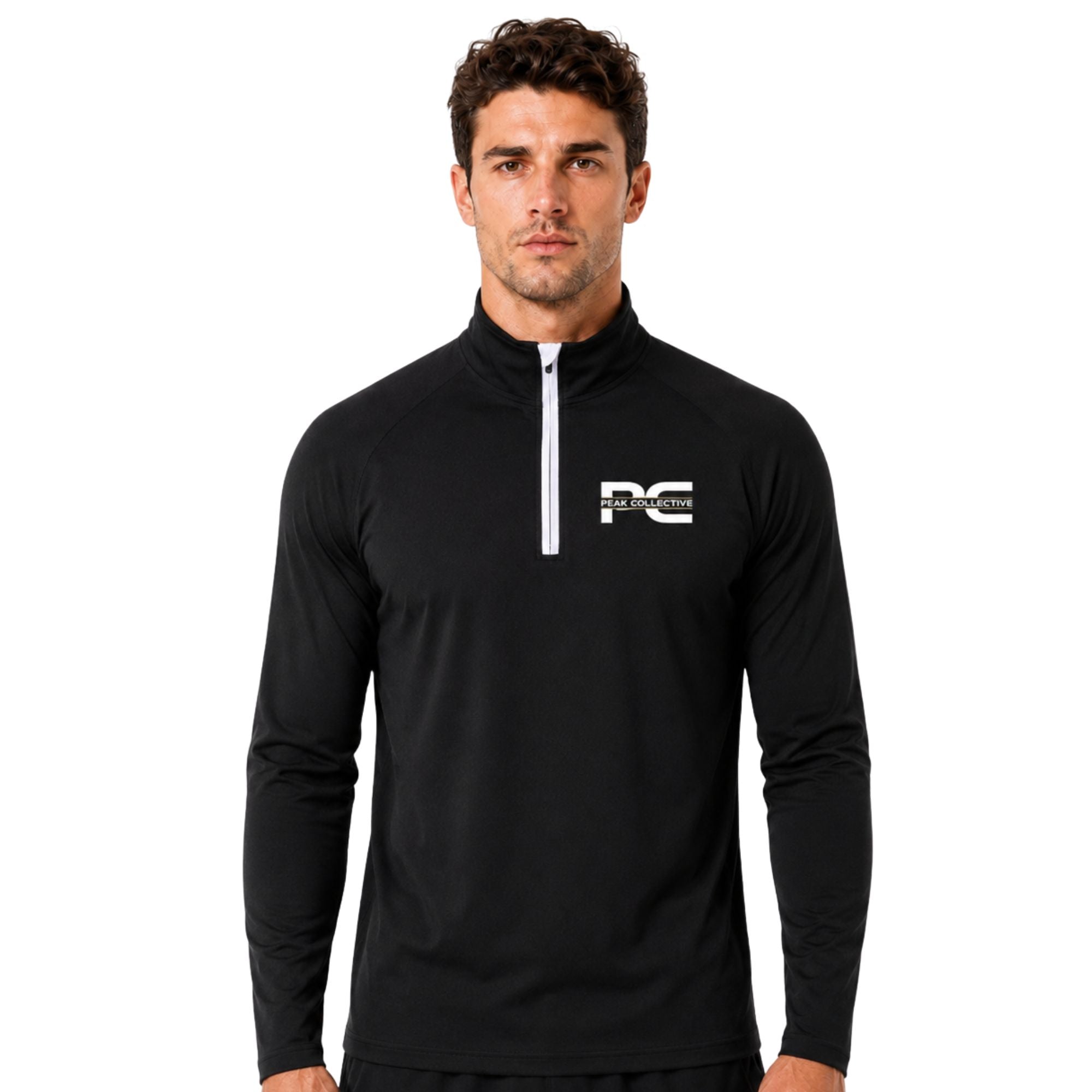 Male model wearing black/white AeroZip long-sleeve athletic top with red quarter zip on white background – lightweight men’s running layer for training, gym workouts, jogging, and activewear performance