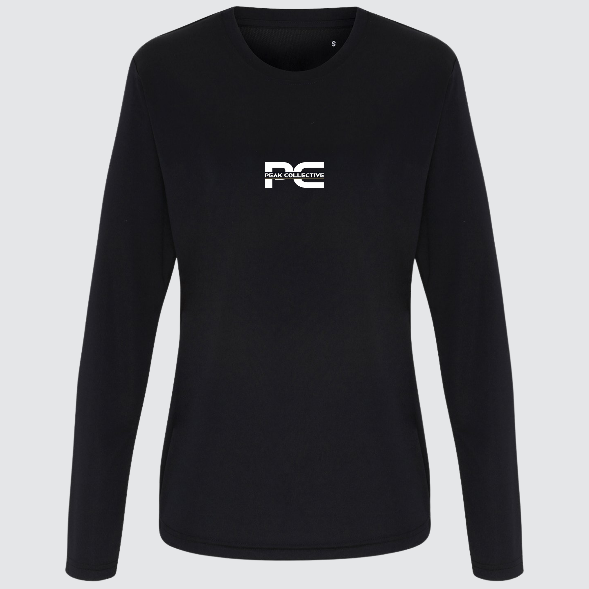 Women’s black AuraSleeve long-sleeve athletic top with logo, shown on a light grey background, ideal for running, gym, and fitness activities.