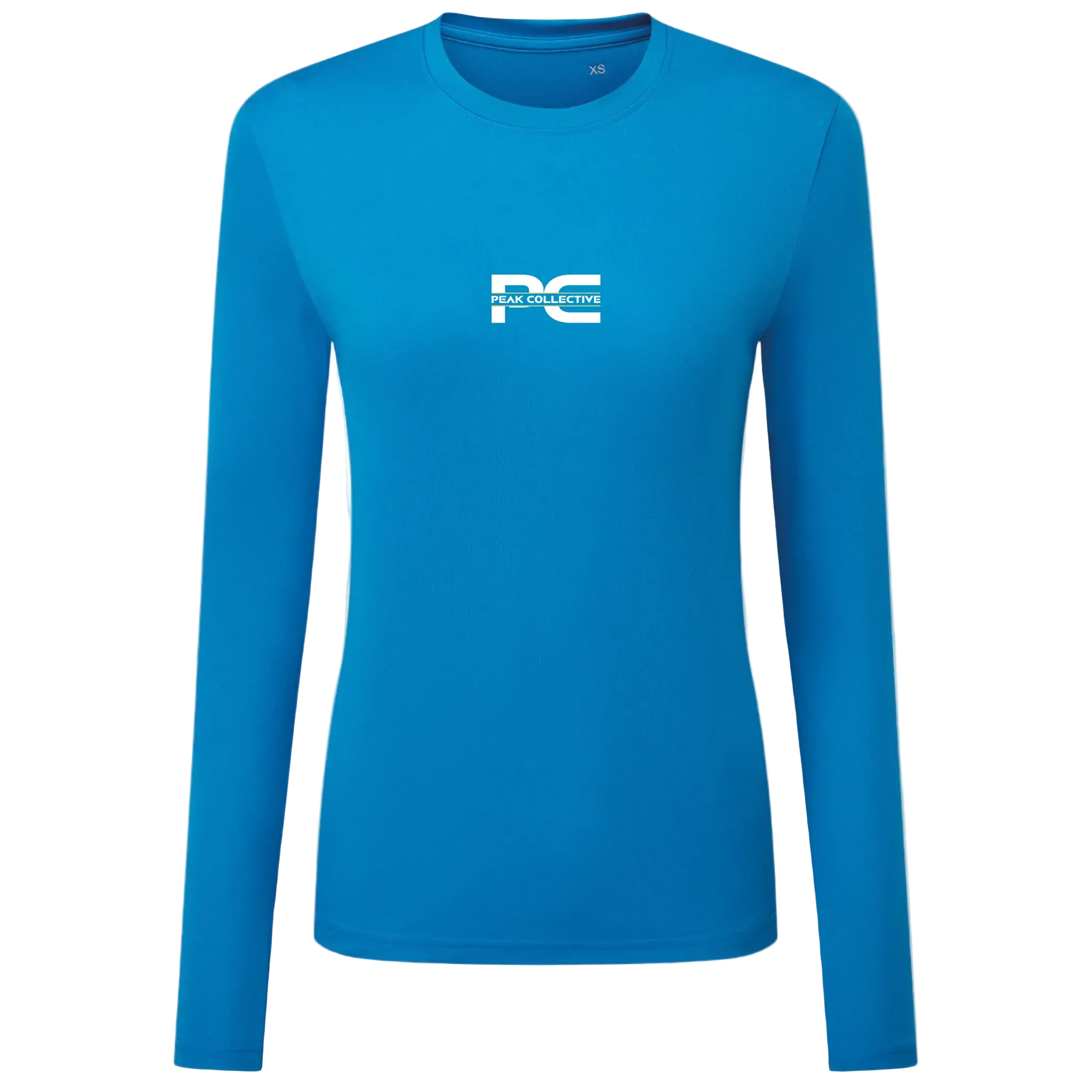 Women’s sapphire blue AuraSleeve long-sleeve athletic top with logo, shown on a light grey background, ideal for running, gym, and fitness activities.