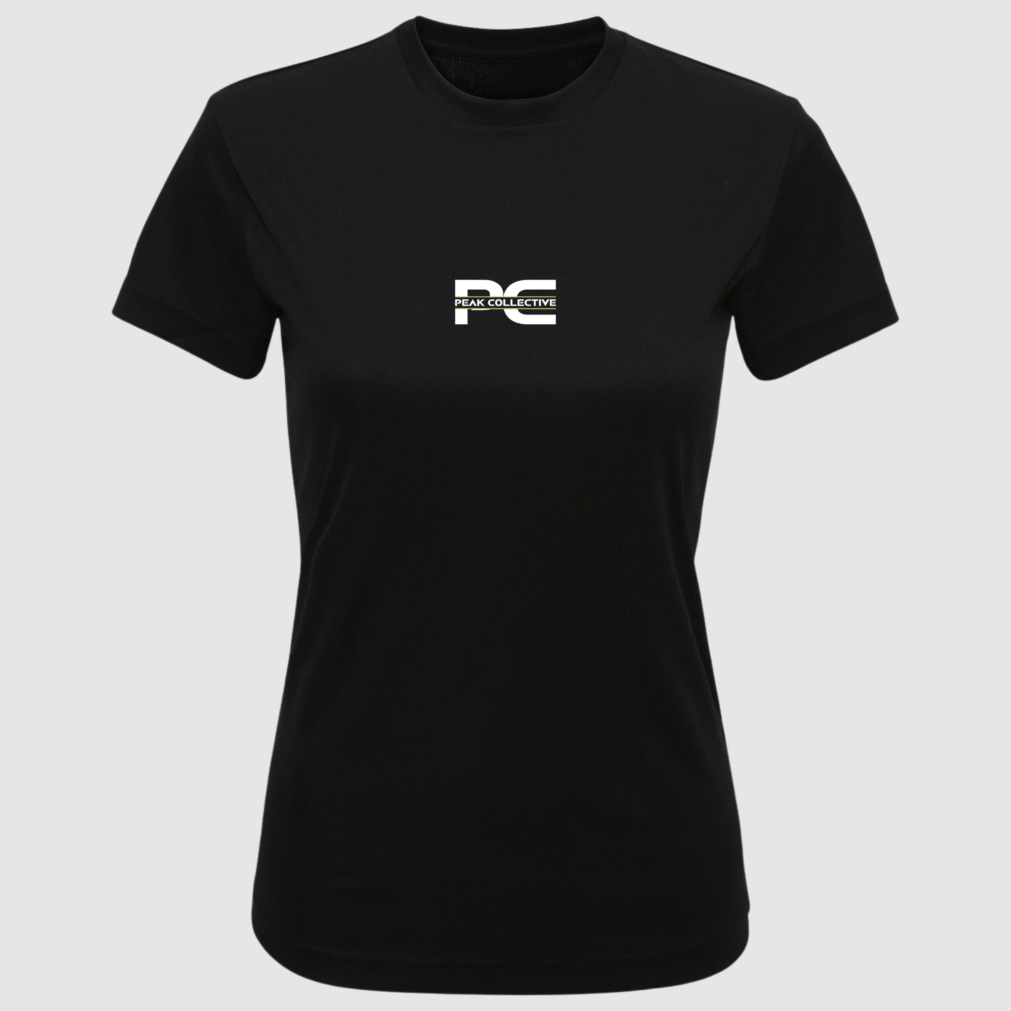 Women’s AuraTee short sleeve performance t-shirt in black with logo, displayed on a light grey background, designed for running, training, and active workouts.