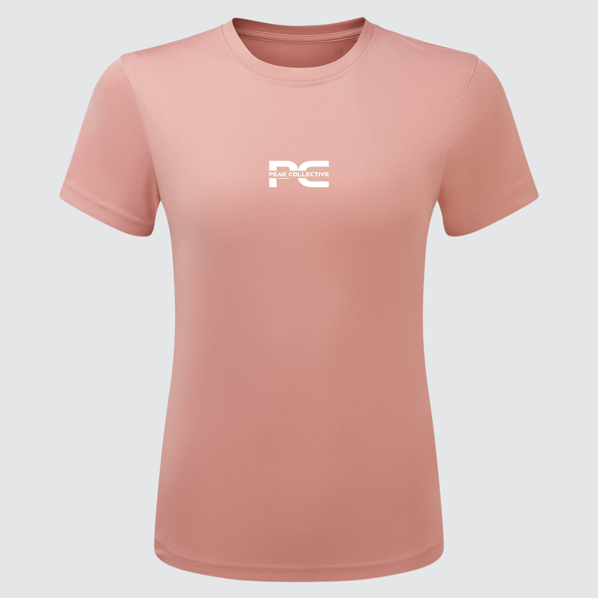Women’s AuraTee short sleeve performance t-shirt in dusky pink with logo, displayed on a light grey background, designed for running, training, and active workouts.