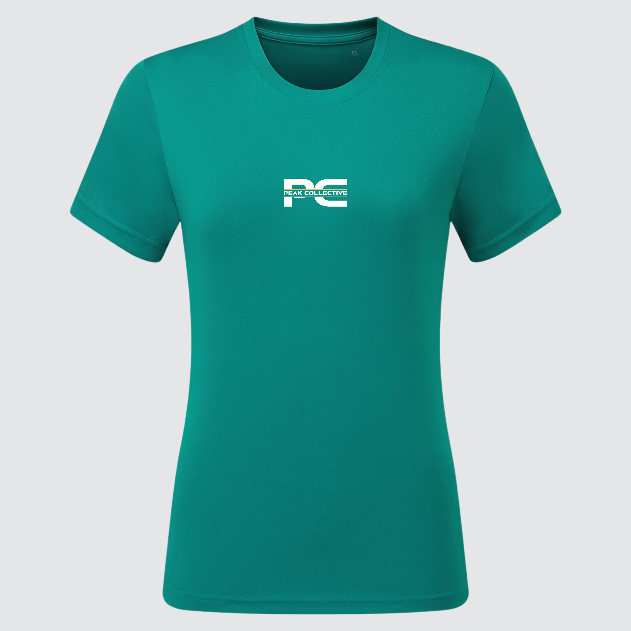 Women’s AuraTee short sleeve performance t-shirt in jade with logo, displayed on a light grey background, designed for running, training, and active workouts.