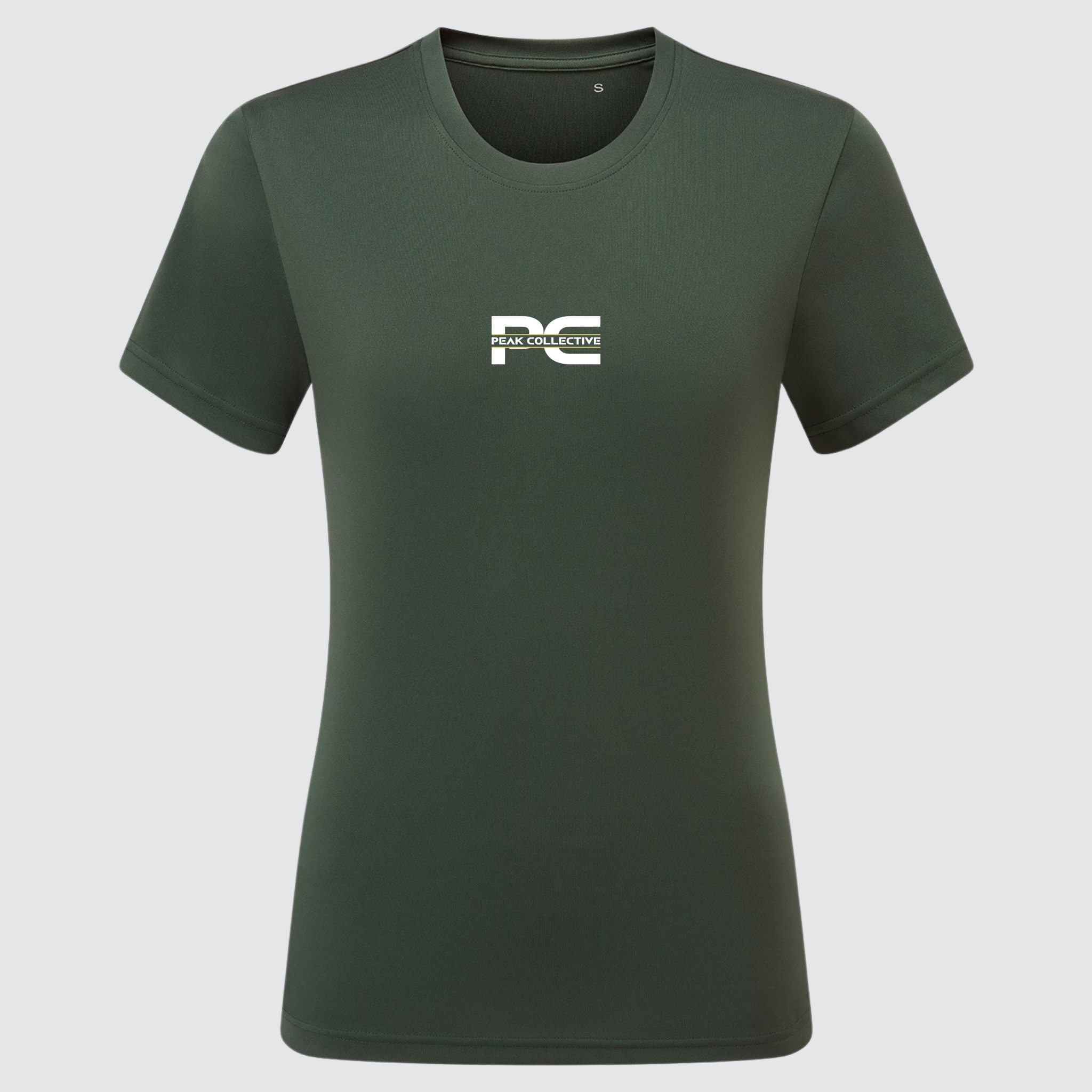 Women’s AuraTee short sleeve performance t-shirt in khaki with logo, displayed on a light grey background, designed for running, training, and active workouts.