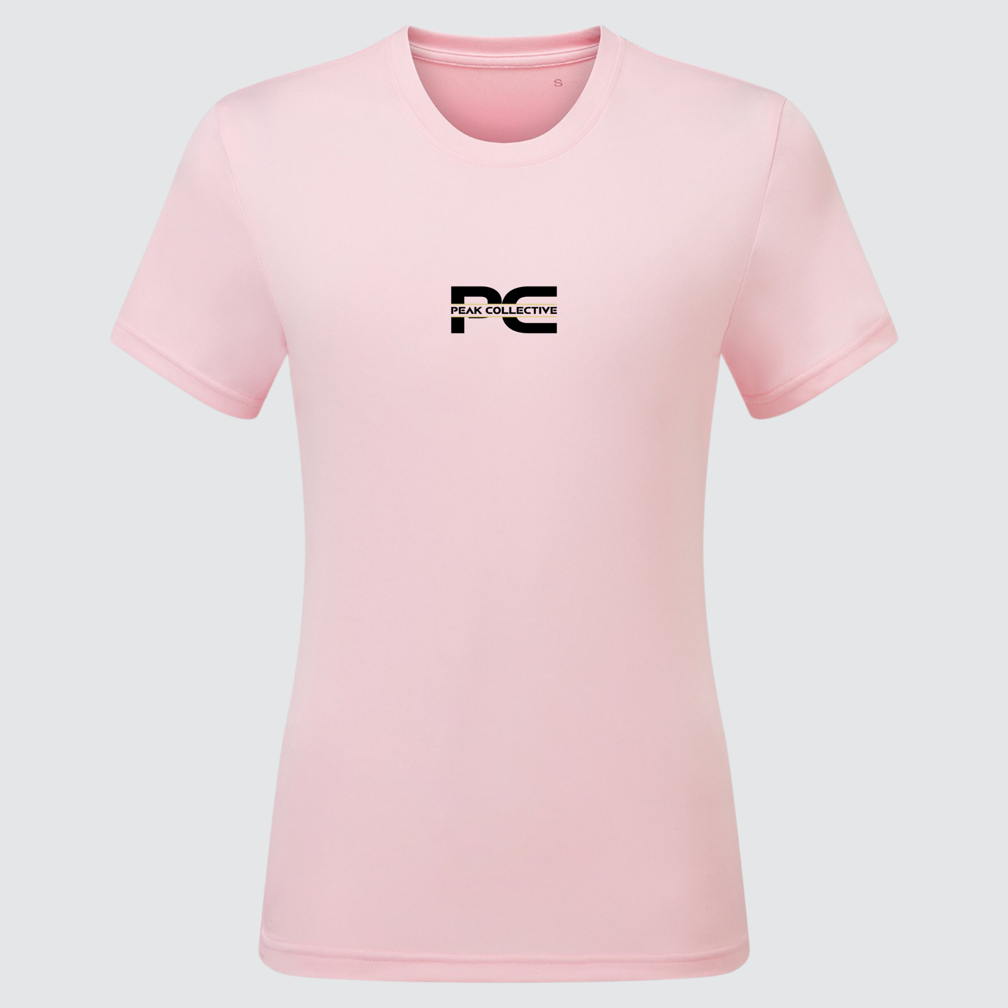 Women’s AuraTee short sleeve performance t-shirt in light pink with logo, displayed on a light grey background, designed for running, training, and active workouts.