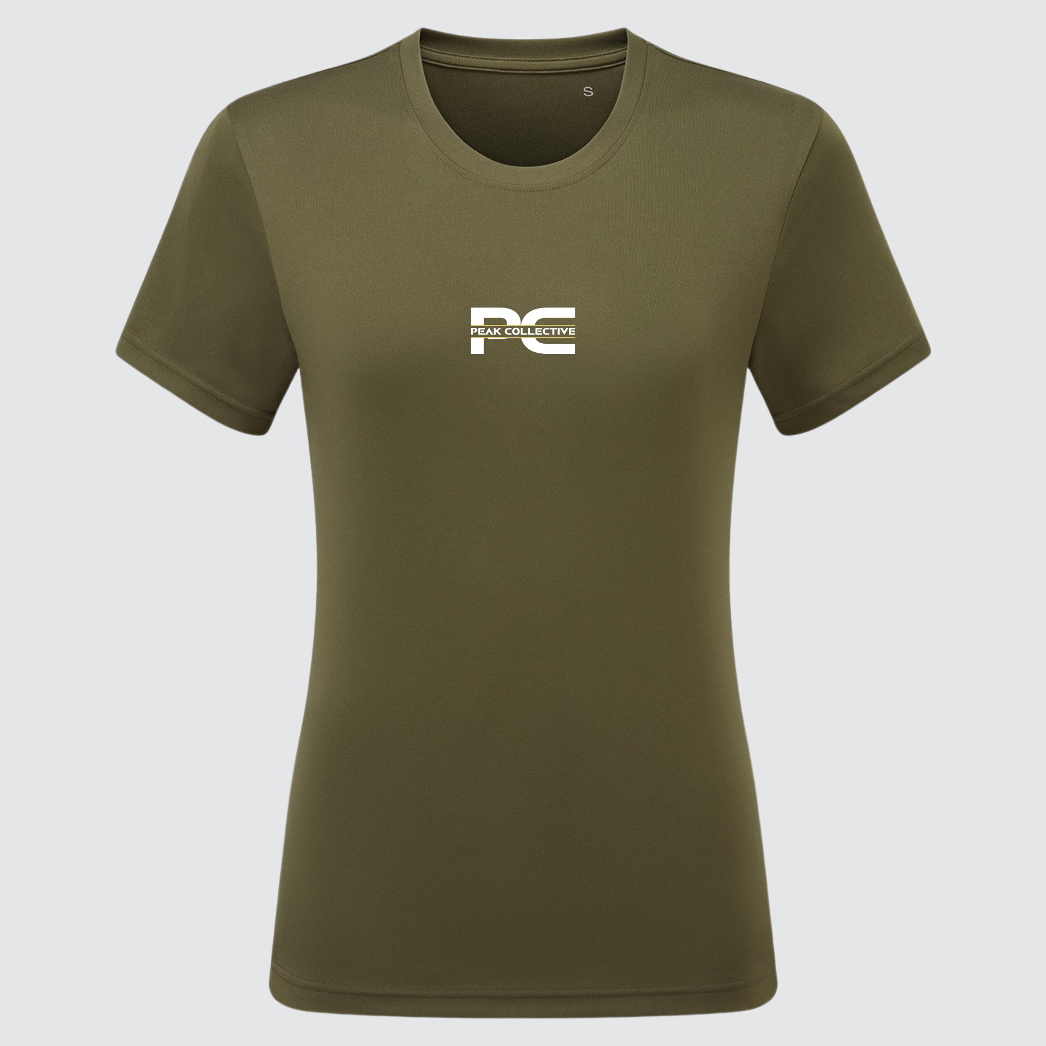 Women’s AuraTee short sleeve performance t-shirt in olive with logo, displayed on a light grey background, designed for running, training, and active workouts.