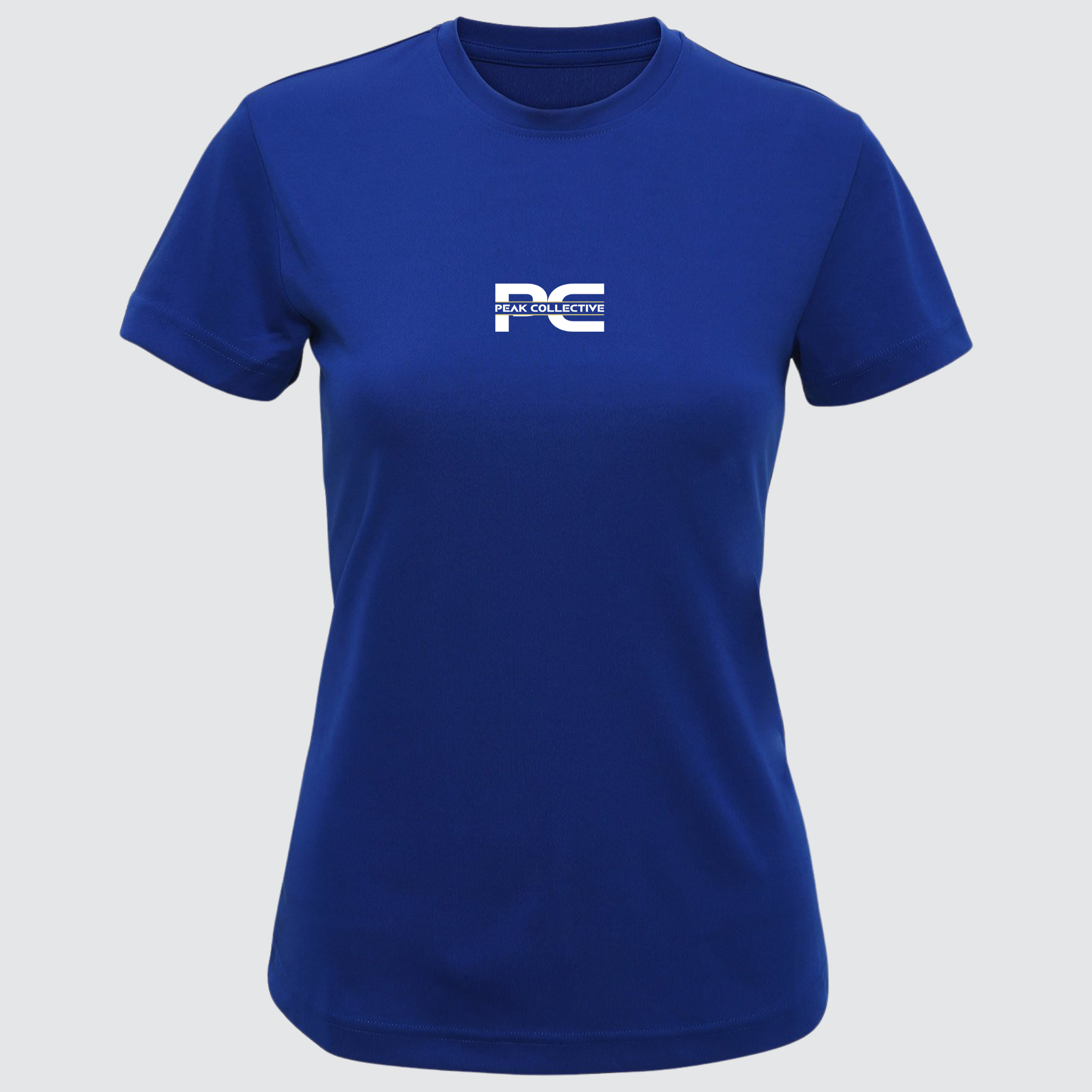 Women’s AuraTee short sleeve performance t-shirt in royal blue with logo, displayed on a light grey background, designed for running, training, and active workouts.