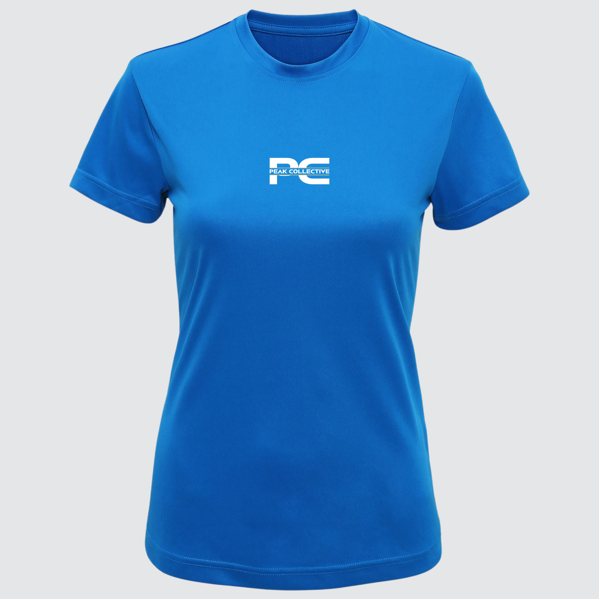 Women’s AuraTee short sleeve performance t-shirt in sapphire blue with logo, displayed on a light grey background, designed for running, training, and active workouts.