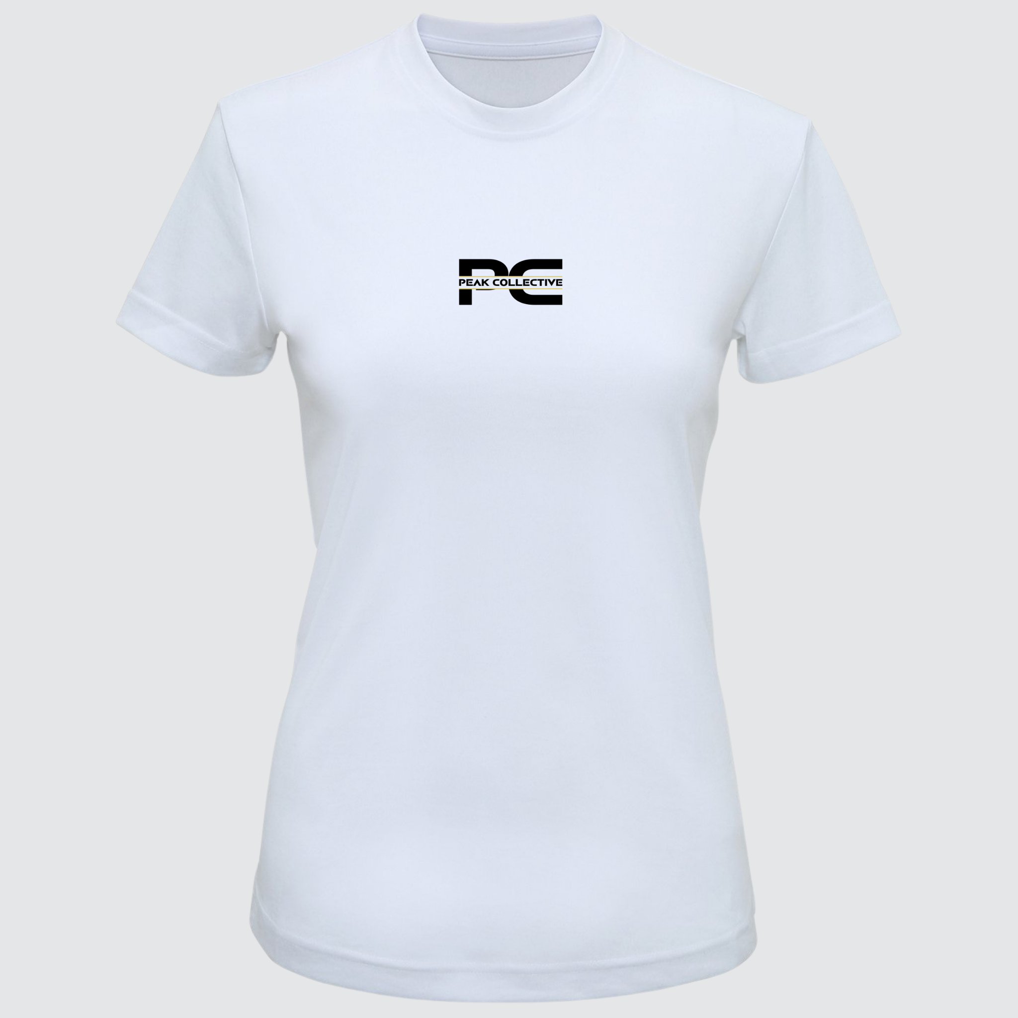 Women’s AuraTee short sleeve performance t-shirt in white with logo, displayed on a light grey background, designed for running, training, and active workouts.