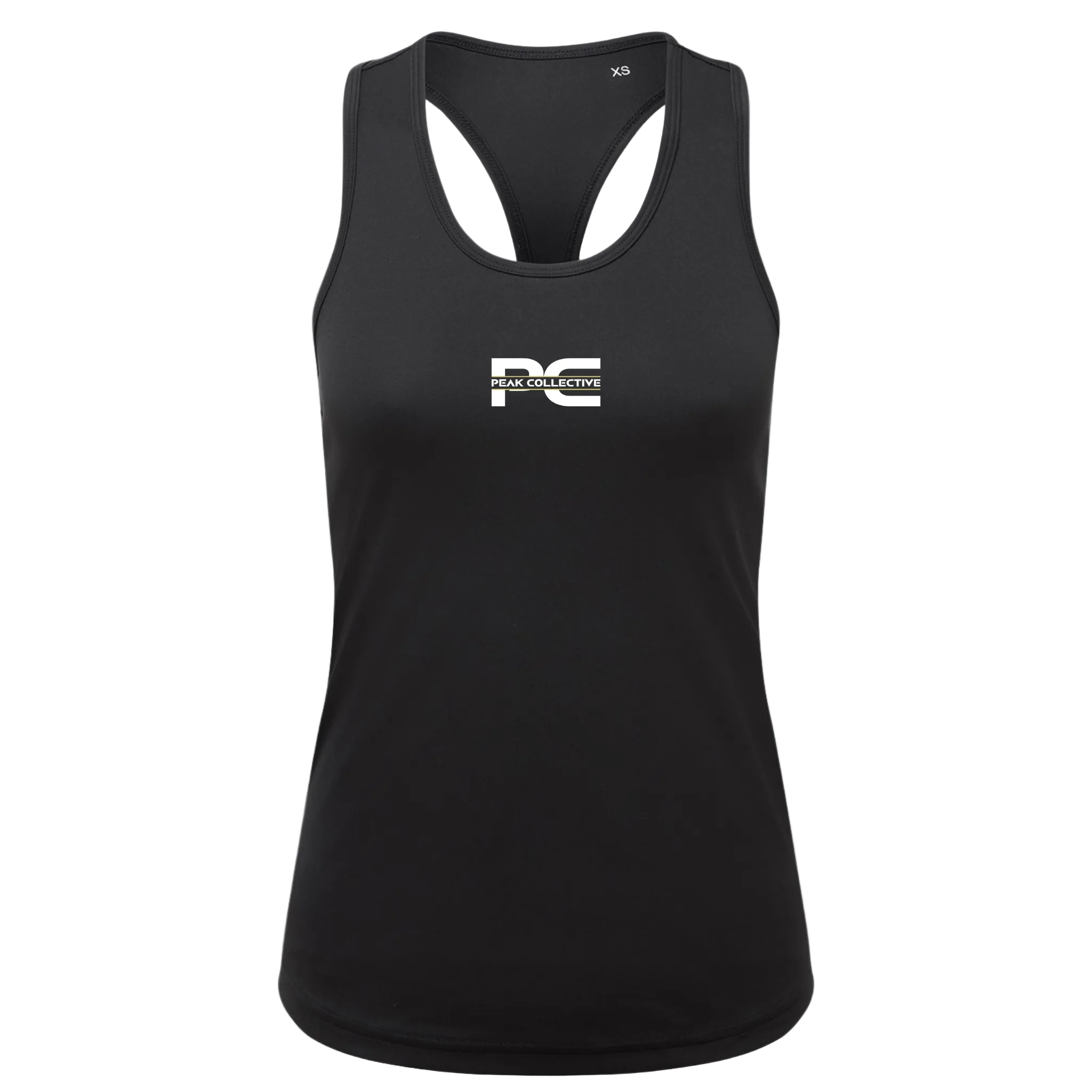 Women’s AuraVest performance vest tank top in black with white logo, displayed on a light grey background, designed for running, training, and active movement.