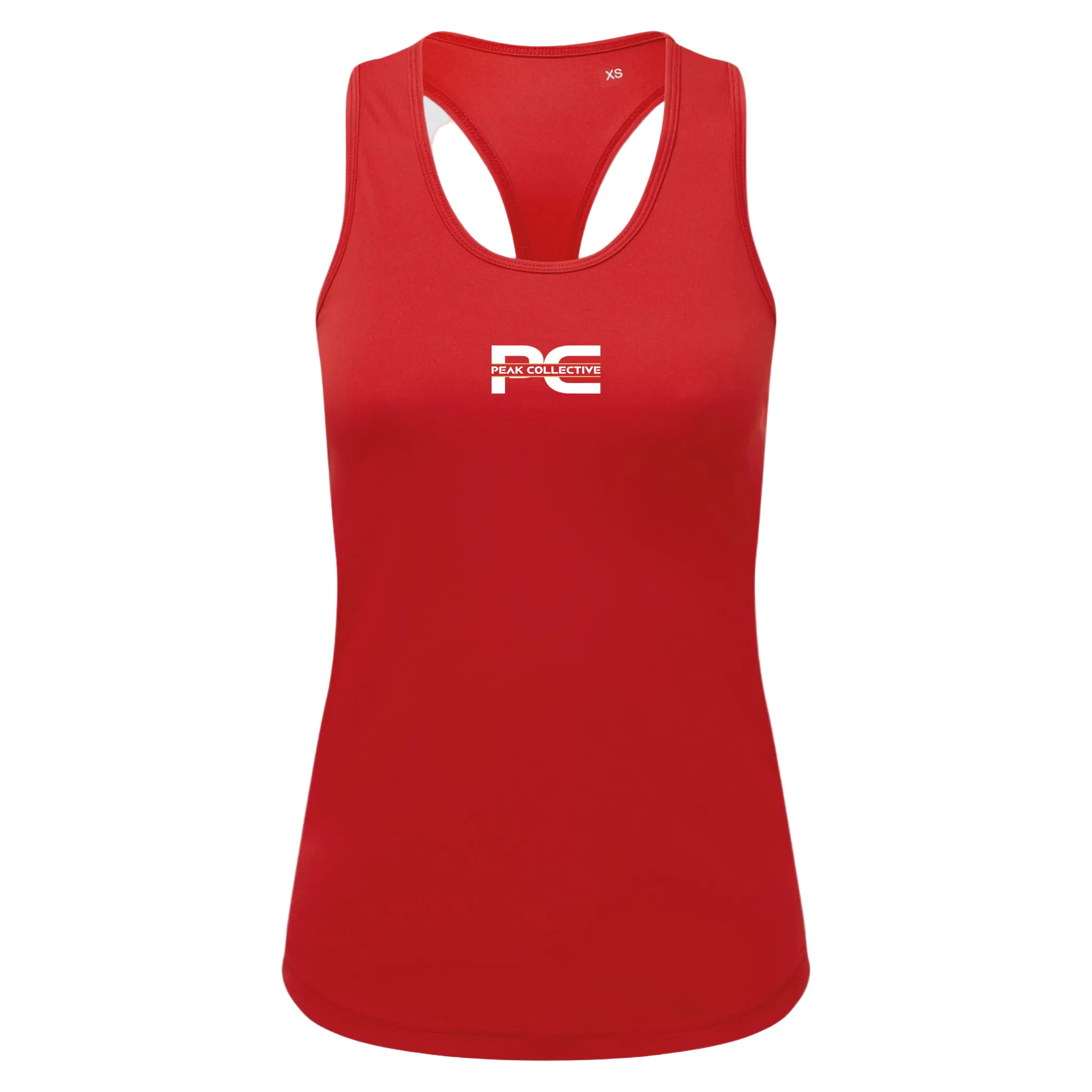Women’s AuraVest performance vest tank top in red with white logo, displayed on a light grey background, designed for running, training, and active movement.