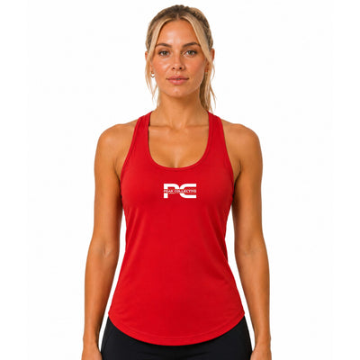 Woman wearing red AuraVest tank top with logo on white background – lightweight women’s performance vest for running, gym workouts, training sessions, and everyday activewear