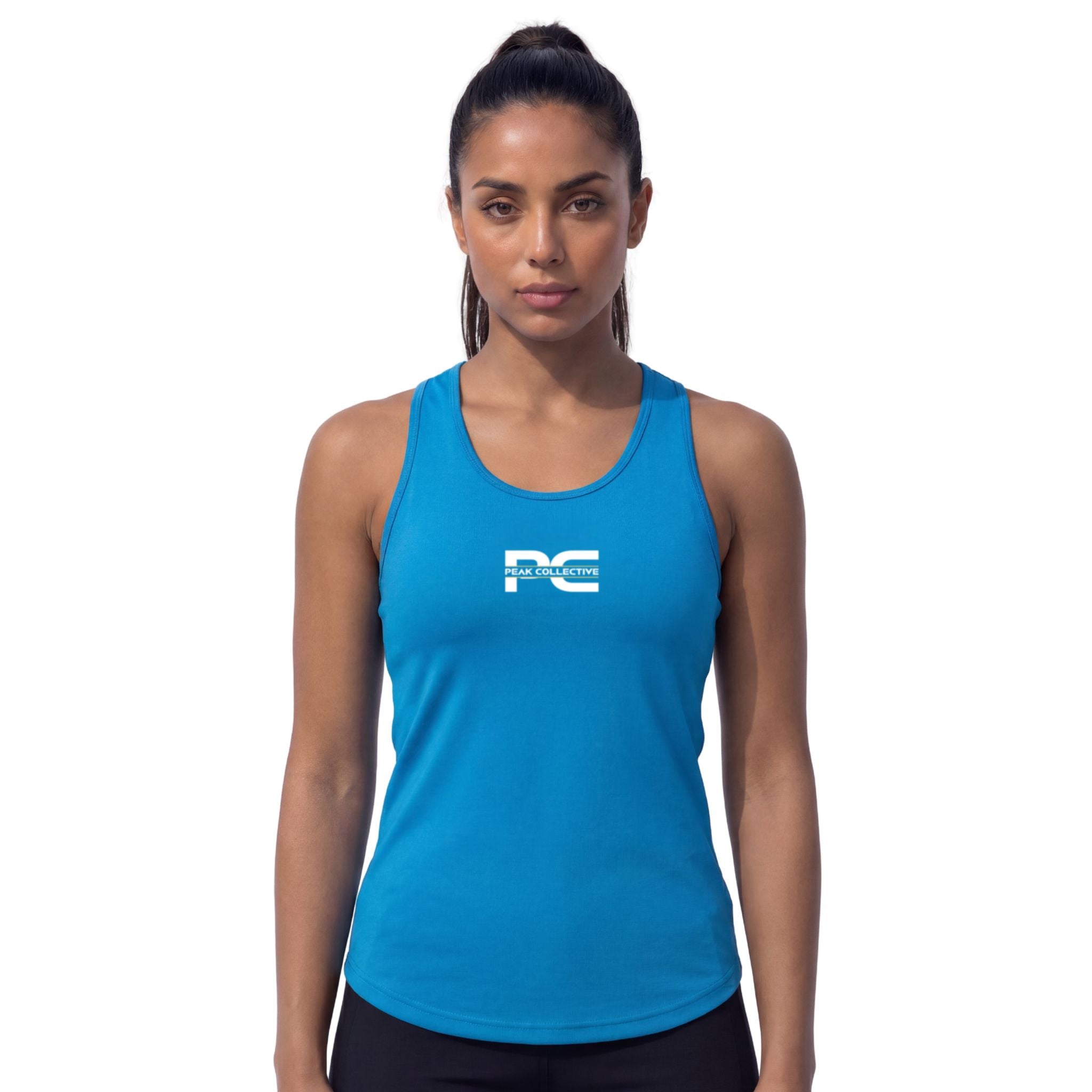Woman wearing sapphire blue AuraVest tank top with logo on white background – lightweight women’s performance vest for running, gym workouts, training sessions, and everyday activewear