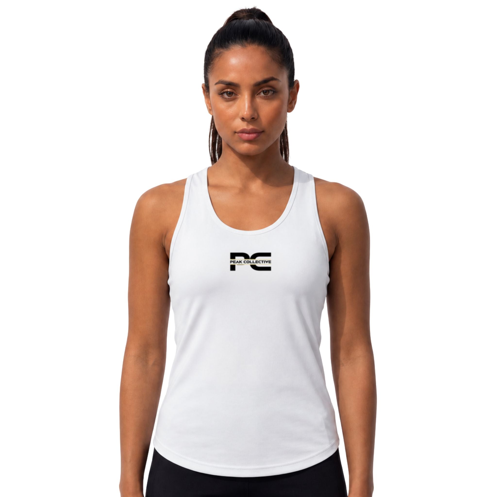 Woman wearing white AuraVest tank top with logo on white background – lightweight women’s performance vest for running, gym workouts, training sessions, and everyday activewear