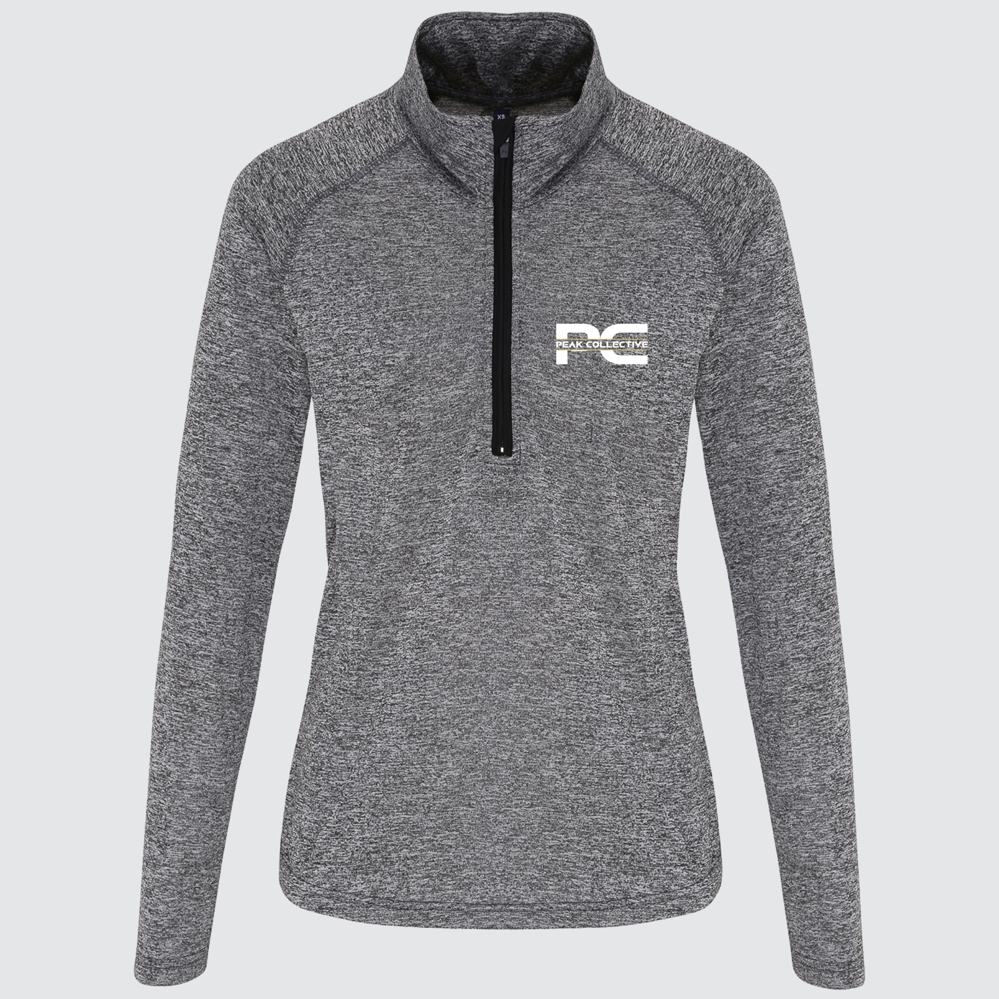 Women’s grey long-sleeve performance t-shirt with logo, displayed on a neutral grey background, perfect for training, running, gym, and active lifestyle.