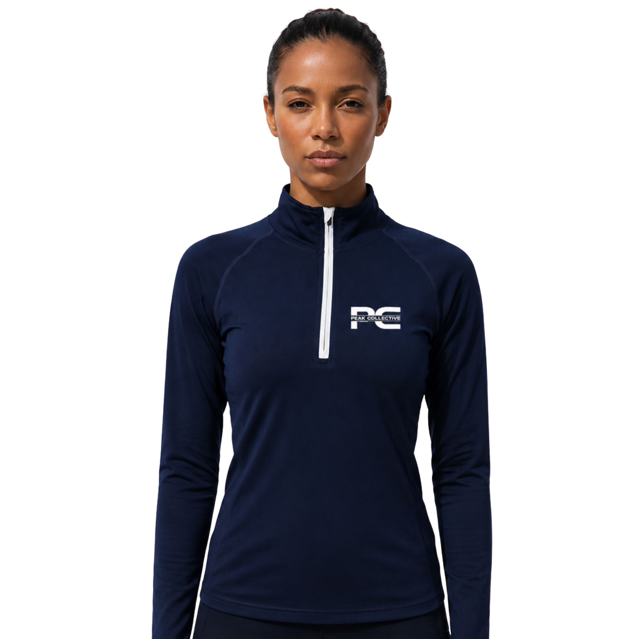 Woman wearing Navy AuraZip 1/4 long-sleeve performance top – lightweight women’s running layer for training, gym workouts, jogging, and activewear performance