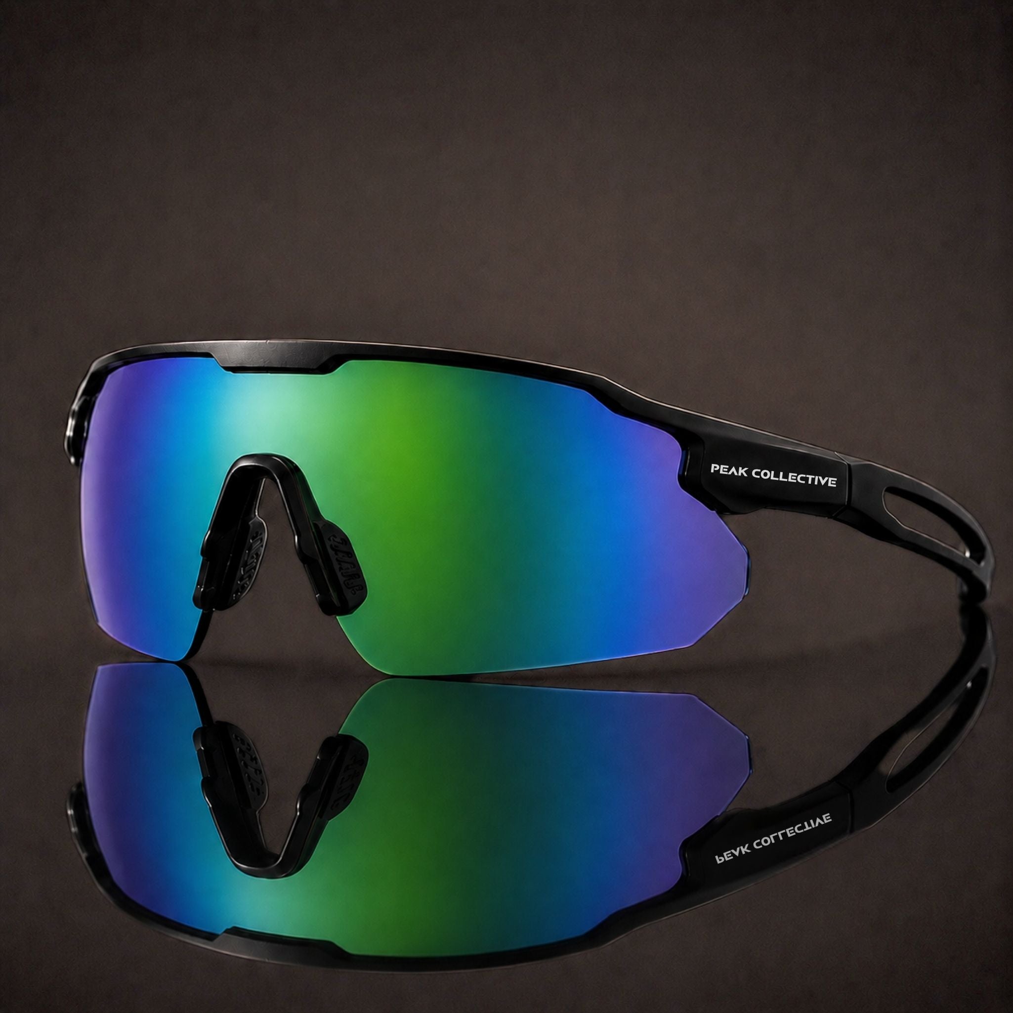Peak Collective CoreLens 3 in 1 running UV400 performance sunglasses showing blue peacock interchangeable lens
