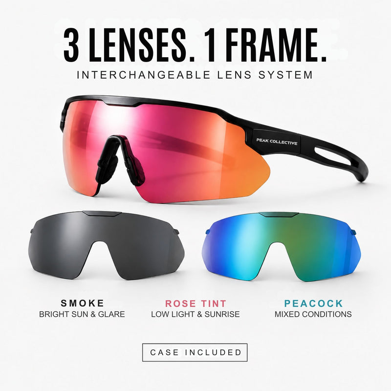 3-in-1 changeable running glasses -CoreLens sunglasses showing smoke, rose tint and peacock lenses
