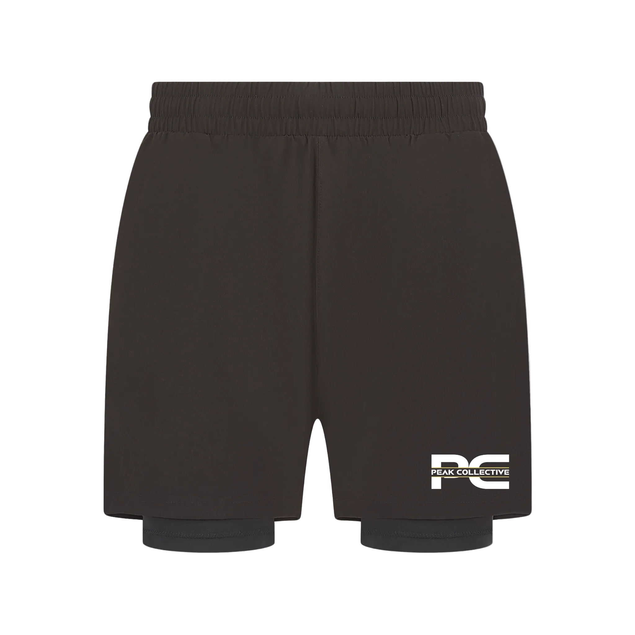 CoreShorts men’s black double-layer sports shorts with four-way stretch, integrated undershorts, and zip pockets on a light grey background, ideal for running and gym workouts.