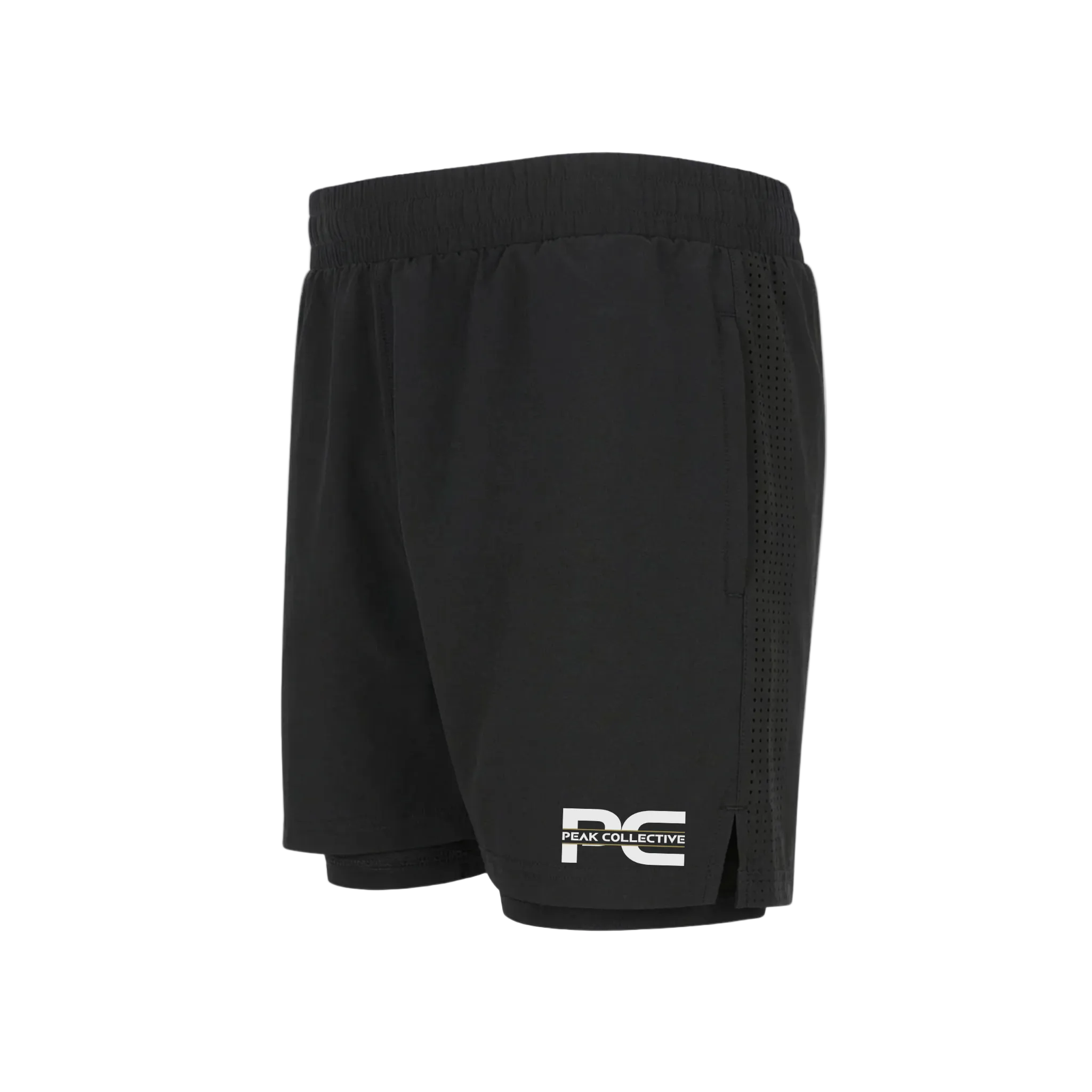 Side view of CoreShorts men’s black double-layer sports shorts with four-way stretch, integrated undershorts, and zip pockets on a light grey background, ideal for running and gym workouts.