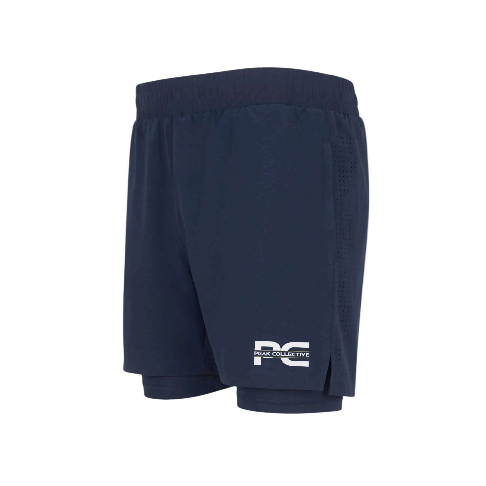 Side view of CoreShorts men’s navy blue double-layer sports shorts with four-way stretch, integrated undershorts, and zip pockets on a light grey background, ideal for running and gym workouts.