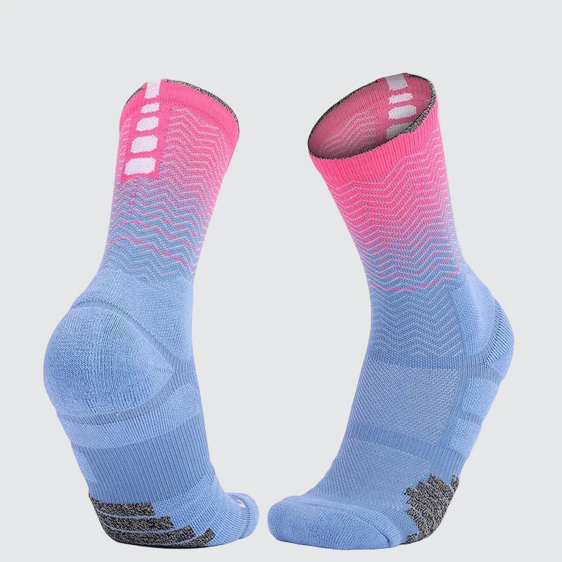 Pair of CoreStride running socks in Violet Pulse on a white background, designed for runners and athletes needing cushioning, support, and moisture-wicking performance socks.