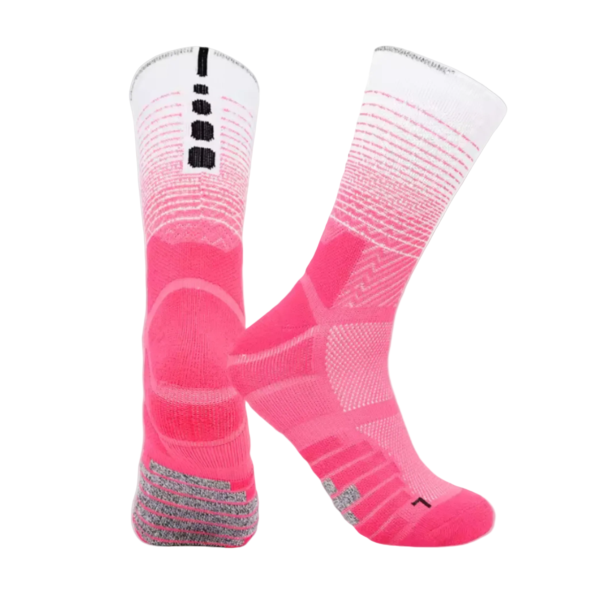 Pair of pink CoreStride athletic socks with black and grey accents on a light grey background. Designed for runners and athletes needing comfort, support, and breathable performance.