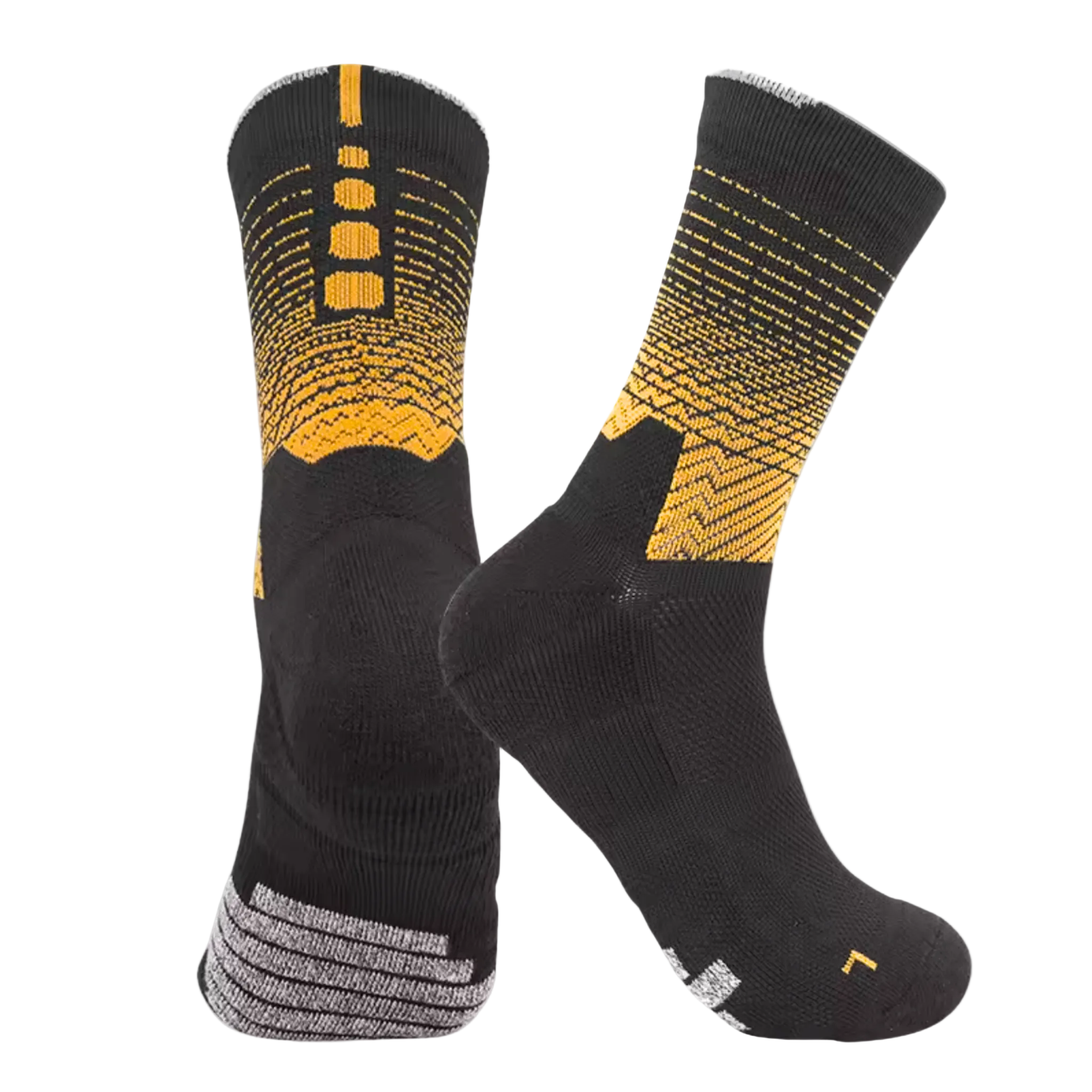 Pair of black and gold CoreStride athletic socks with black and grey accents on a light grey background. Designed for runners and athletes needing comfort, support, and breathable performance.