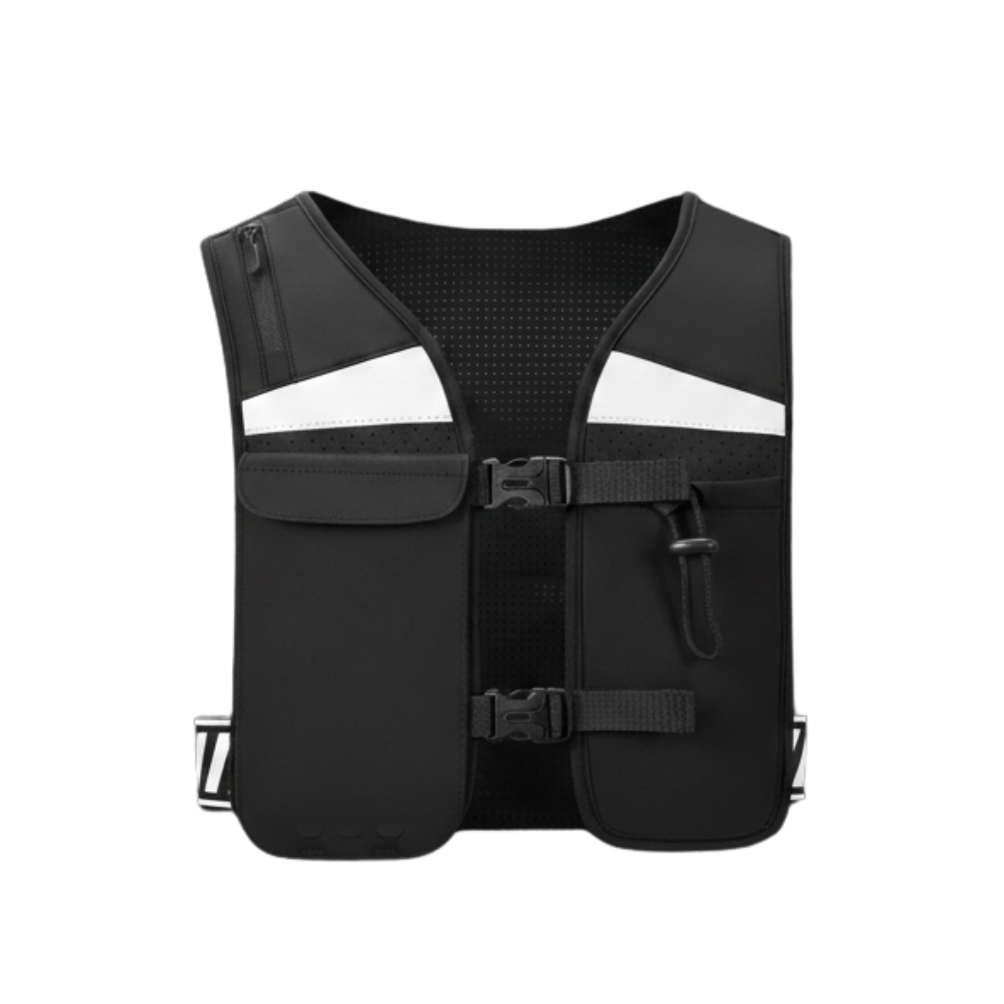 Front perspective of black CoreVest unisex running vest showing reflective stripes, hydration and gel pockets, and touch-function phone holder, on a light grey background for running and active movement.