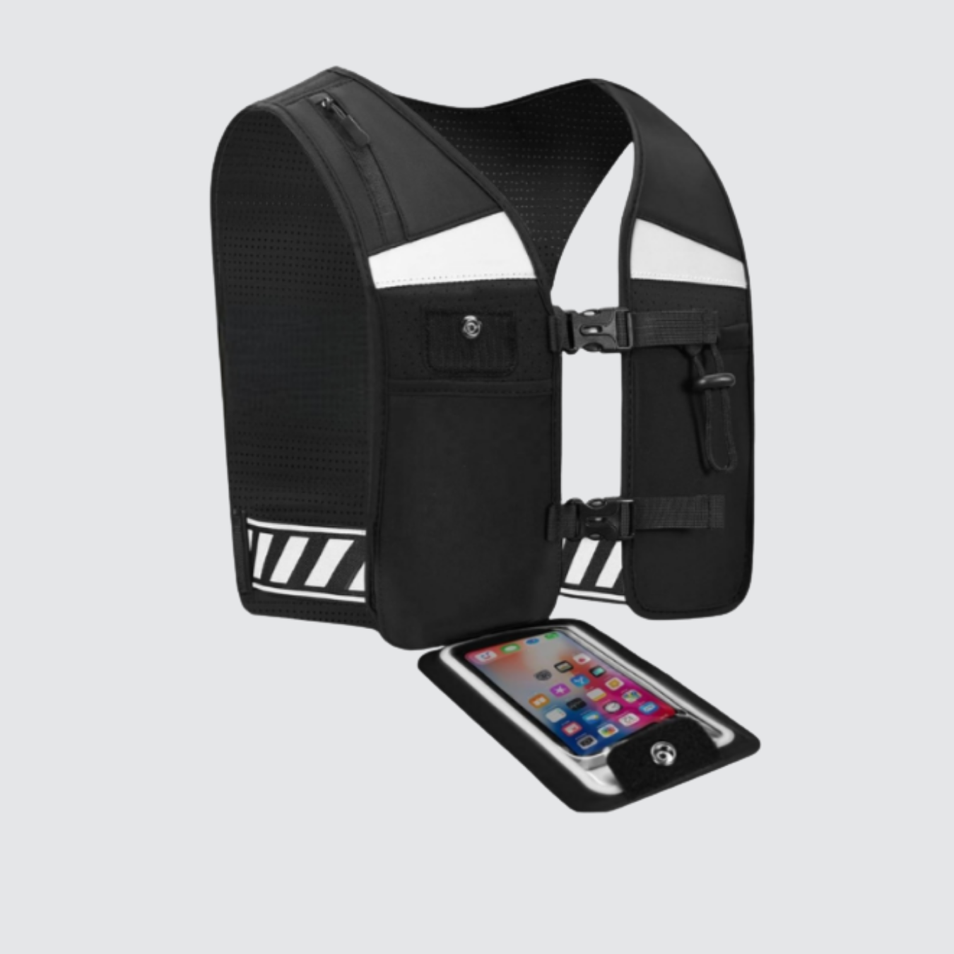 Unisex black CoreVest running vest with reflective stripes, shown with phone pouch open that fits most smartphones, featuring multiple pockets for hydration bottles and gel packs, displayed on a light grey background for running, training, and outdoor activities.