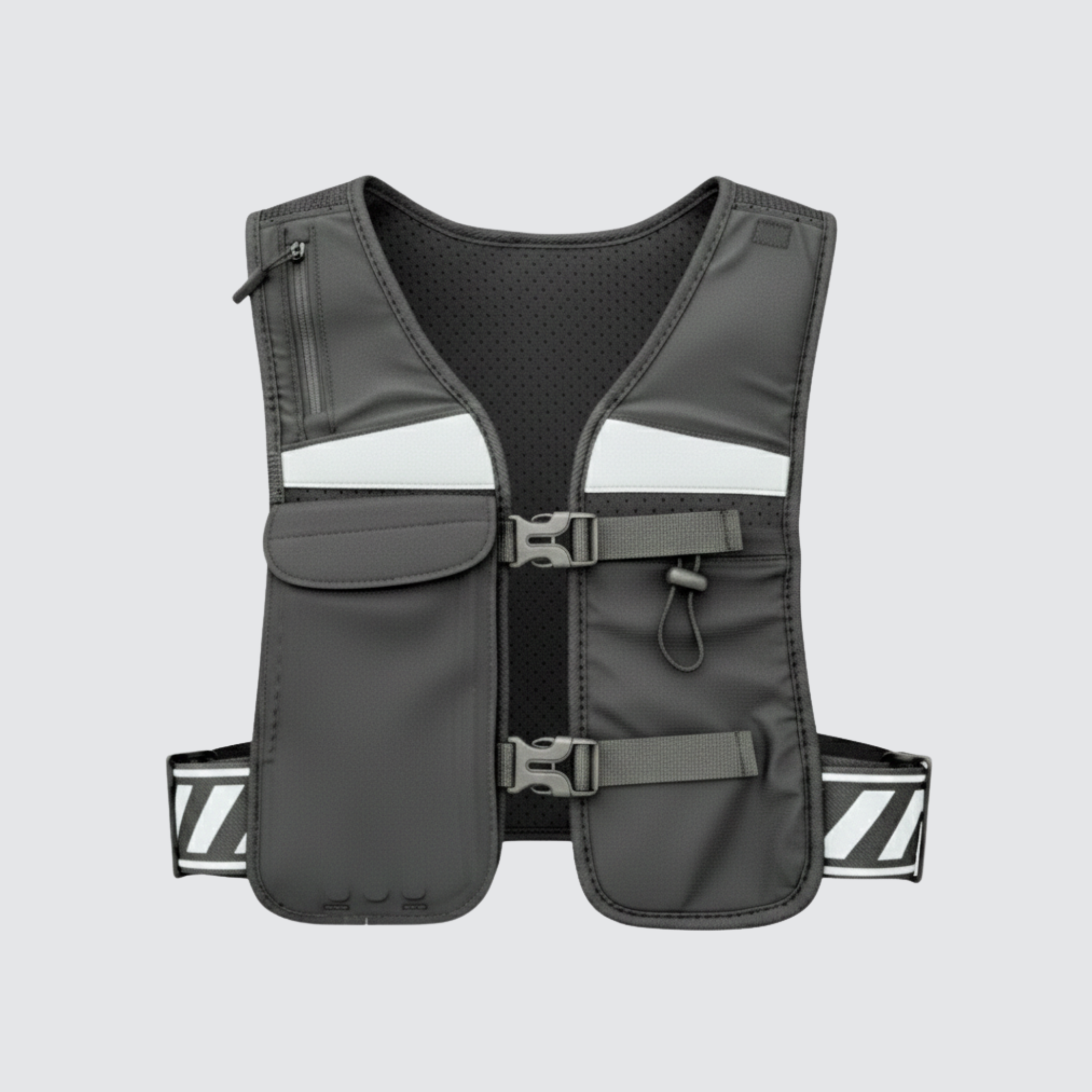 3D side perspective of black CoreVest unisex running vest showing reflective stripes, hydration and gel pockets, and touch-function phone holder, on a light grey background for running and active movement.