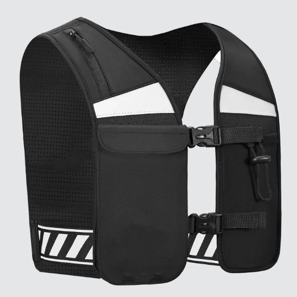 3D side perspective of black CoreVest unisex running vest showing reflective stripes, hydration and gel pockets, and touch-function phone holder, on a light grey background for running and active movement.