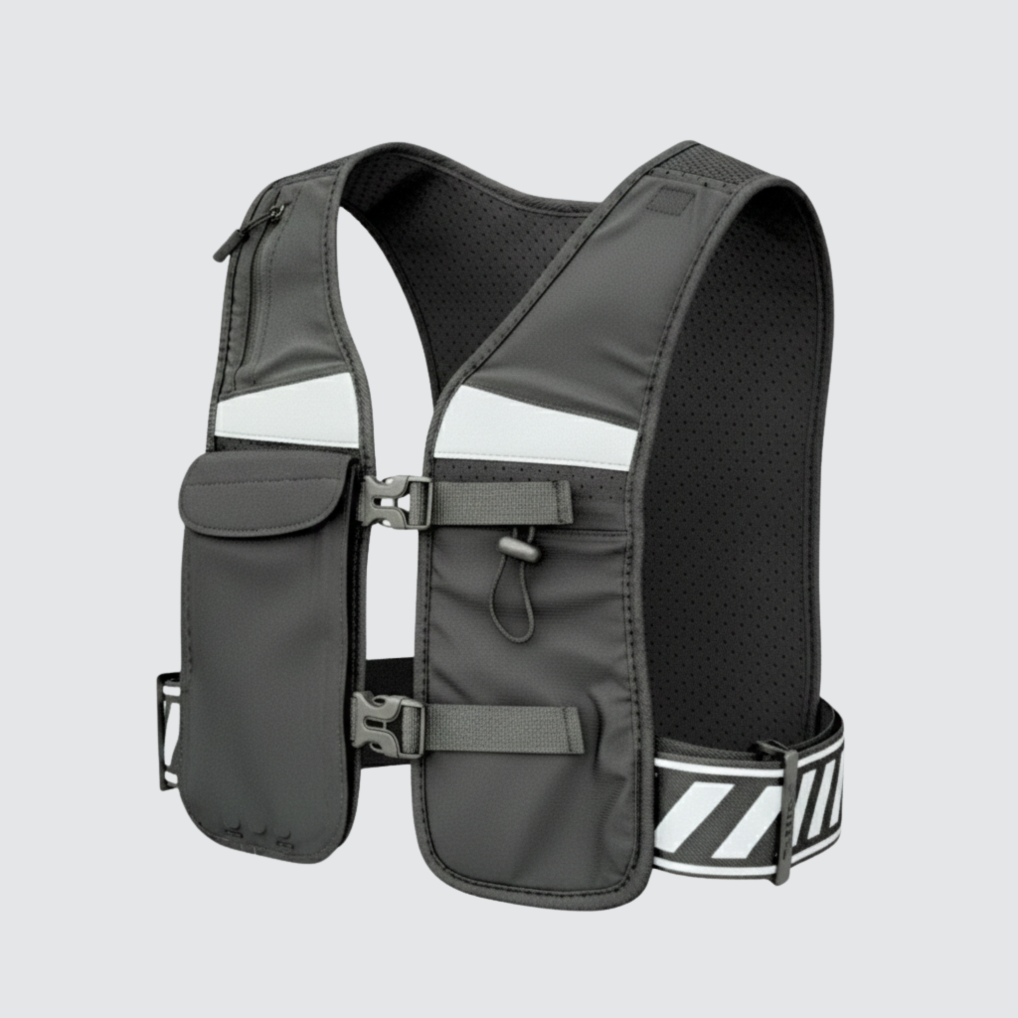 3D side perspective of black CoreVest unisex running vest showing reflective stripes, hydration and gel pockets, and touch-function phone holder, on a light grey background for running and active movement.