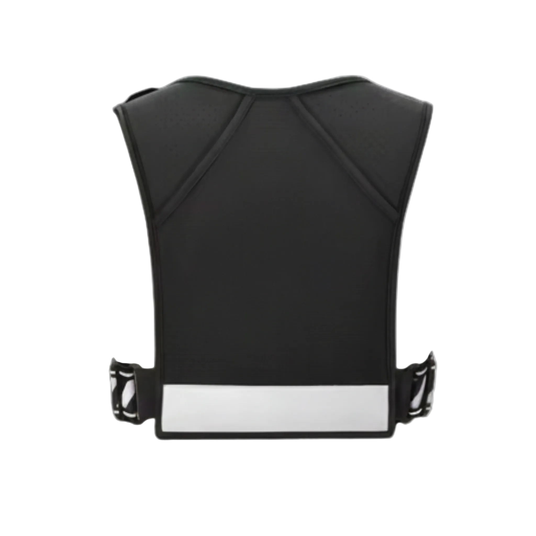 Back perspective of black CoreVest unisex running vest showing reflective stripe at the bottom of the vest on a light grey background for running and active movement.