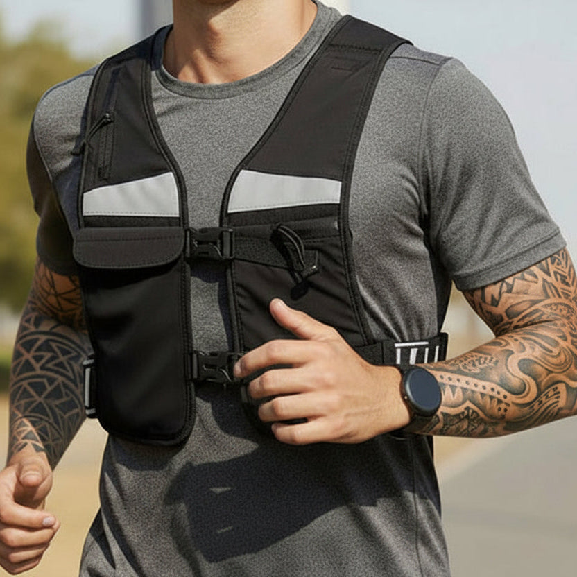 Male model running outdoors wearing black CoreVest unisex hydration running vest with reflective stripes and multiple pockets for hydration bottles, gel packs, and phone holder, designed for training, running, and active movement.